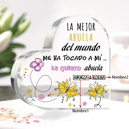 Abuela - Placa de acrílico en forma de corazón mariposas 2 nombres personalizados-Jessemade ES