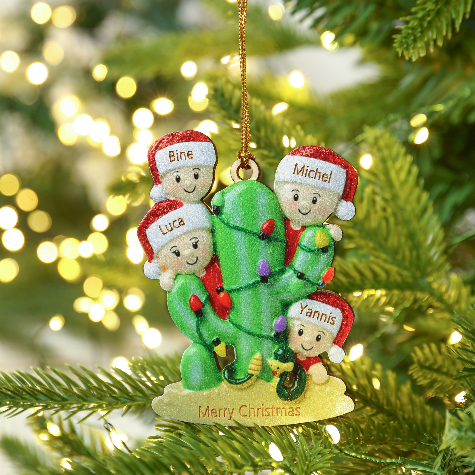 Navidad-Ornamento muñecos navideño de madera cactus 4 nombres y 1 texto personalizados adorno del árbol-Jessemade ES