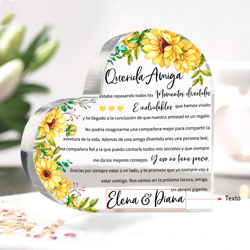 Placa de acrílico en forma de corazón para amiga con 1 texto personalizado-Jessemade ES