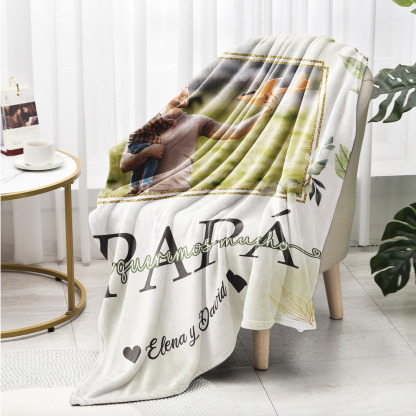 A mi padre de hij@s-Manta de buen calidad con hojas personalizada con 1 foto y 1 texto-Jessemade ES