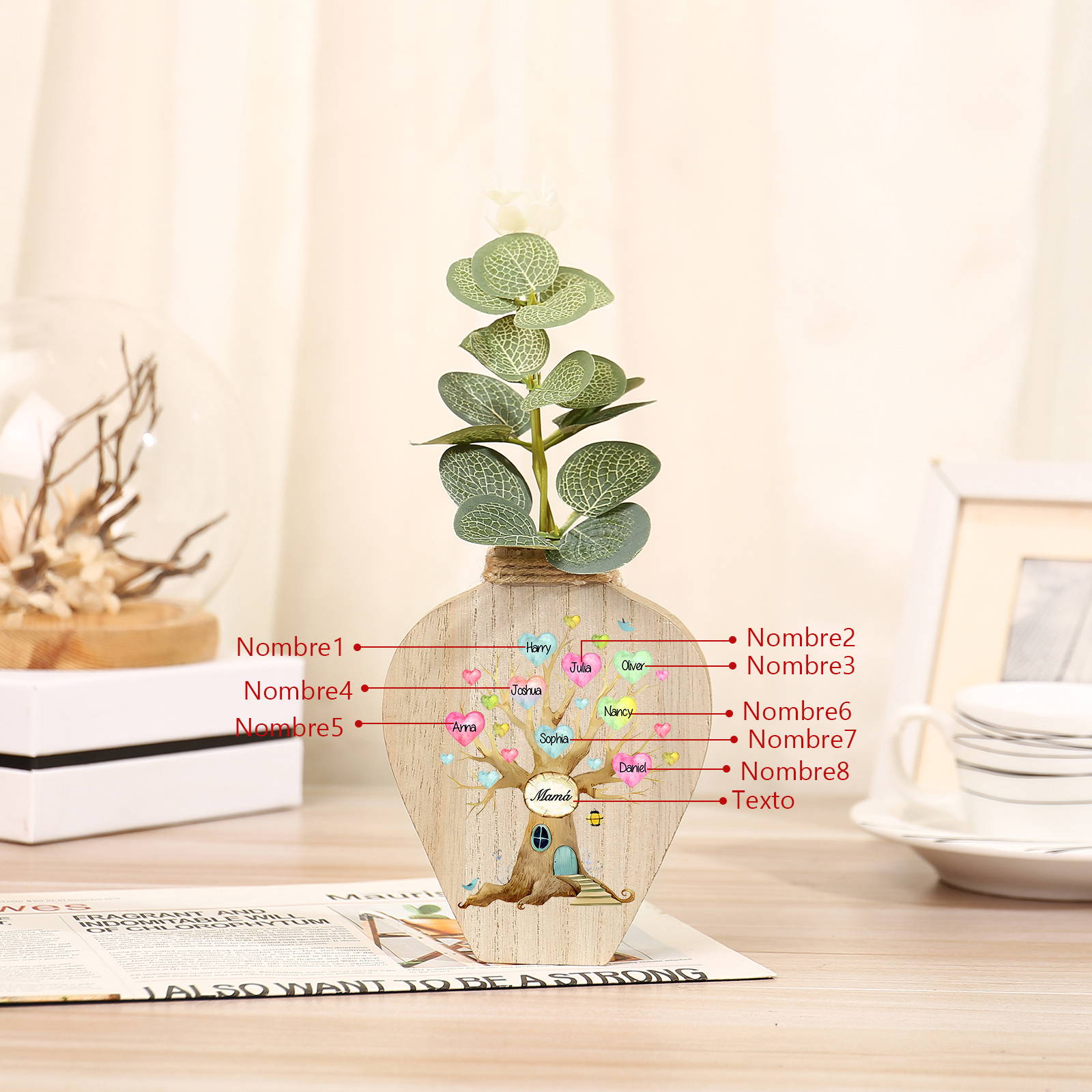 Florero de madera árbol de corazones 8 nombres personalizados con texto decoración del hogar-Jessemade ES