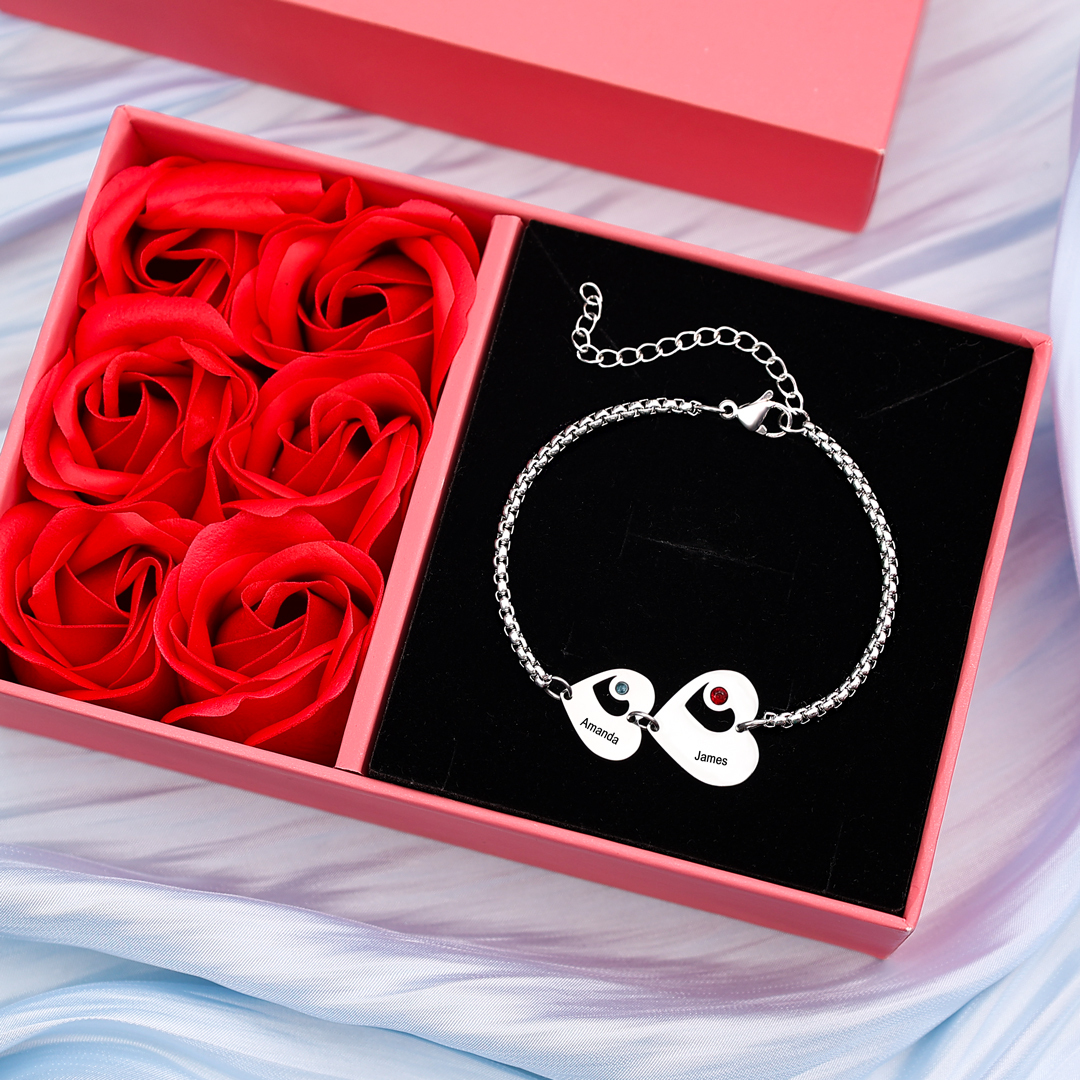 Pulsera de corazón personalizada con 2 nombres y 2 piedras de nacimiento-Jessemade ES