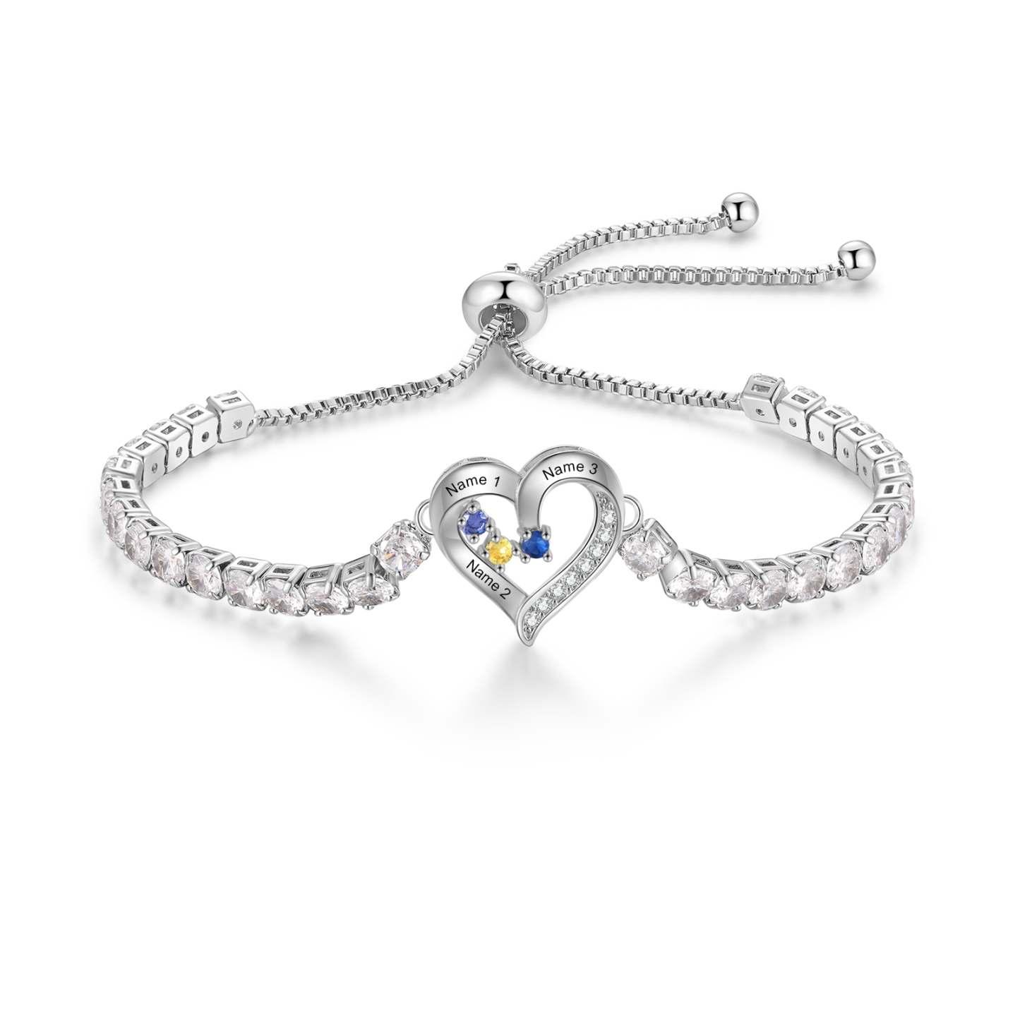 Pulsera personalizada de 2 a 4 nombres con corazón y piedra de nacimiento de circonita cúbica