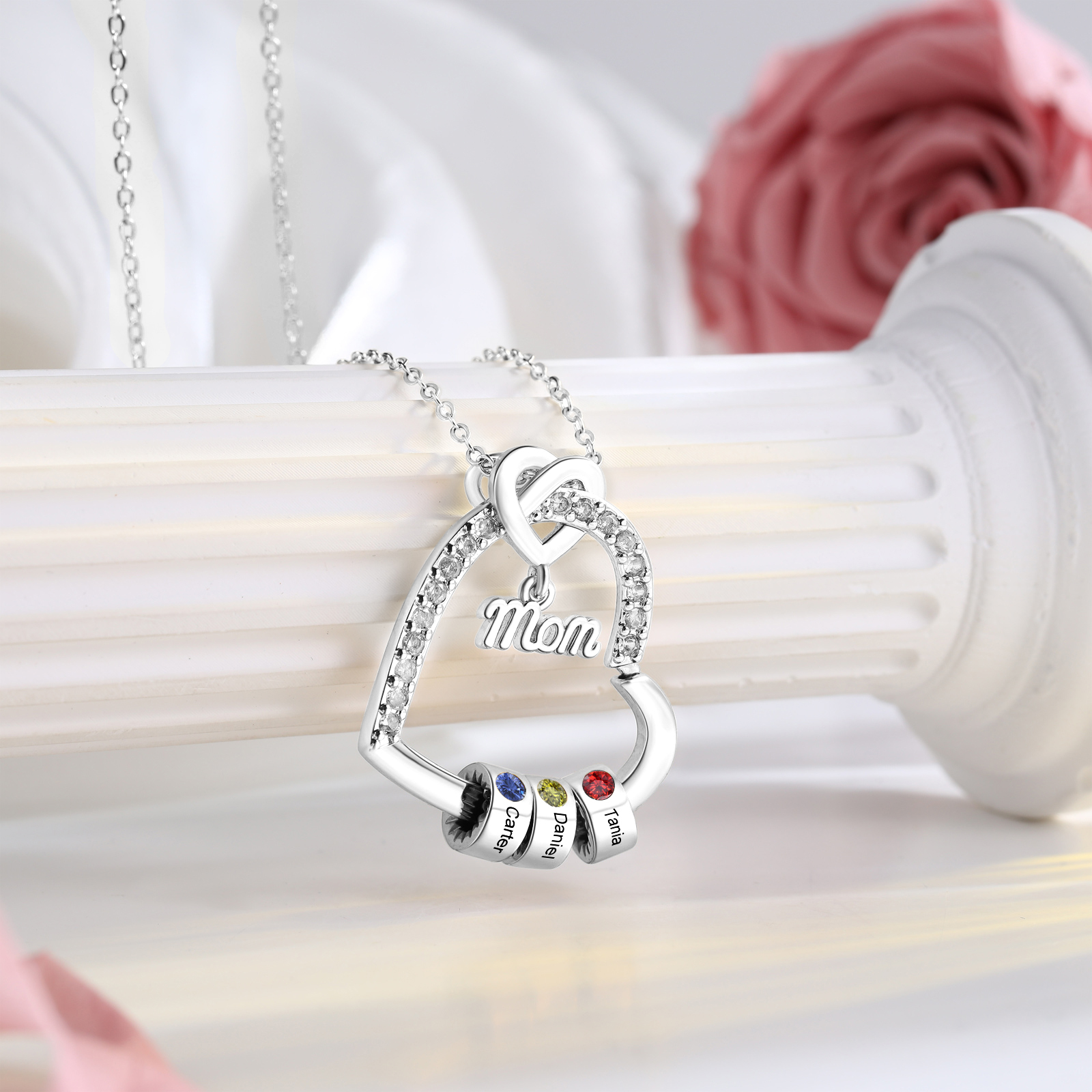 Collar de corazón personalizado para mamá con piedra de nacimiento y de 1 a 5 nombres