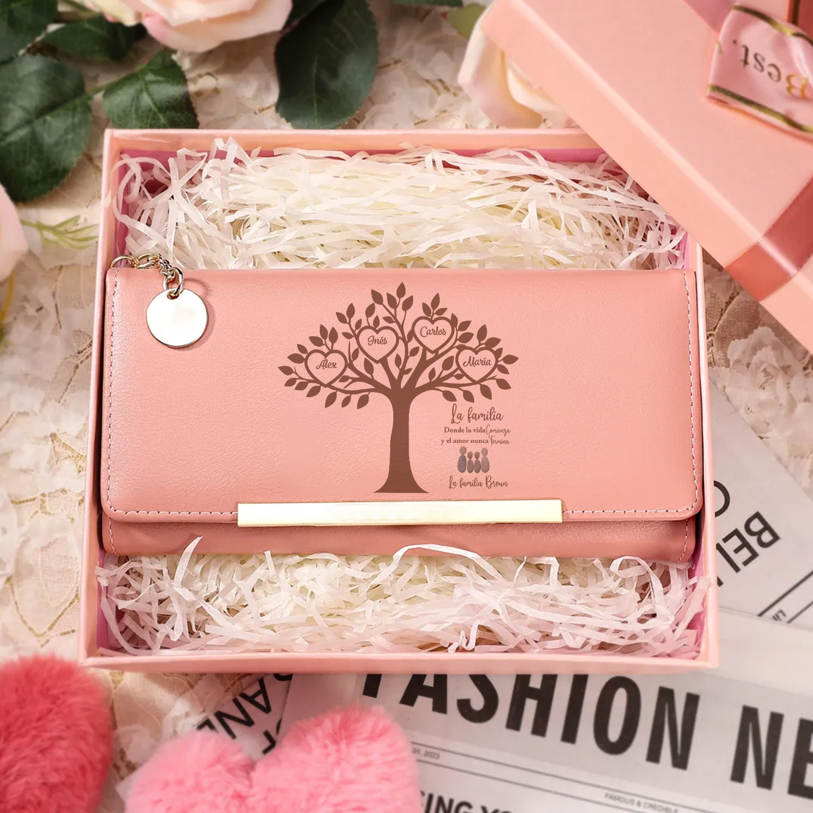 Cartera de piel rosa para mamá con árbol genealógico familiar de guijarros personalizable con 2 a 6 nombres