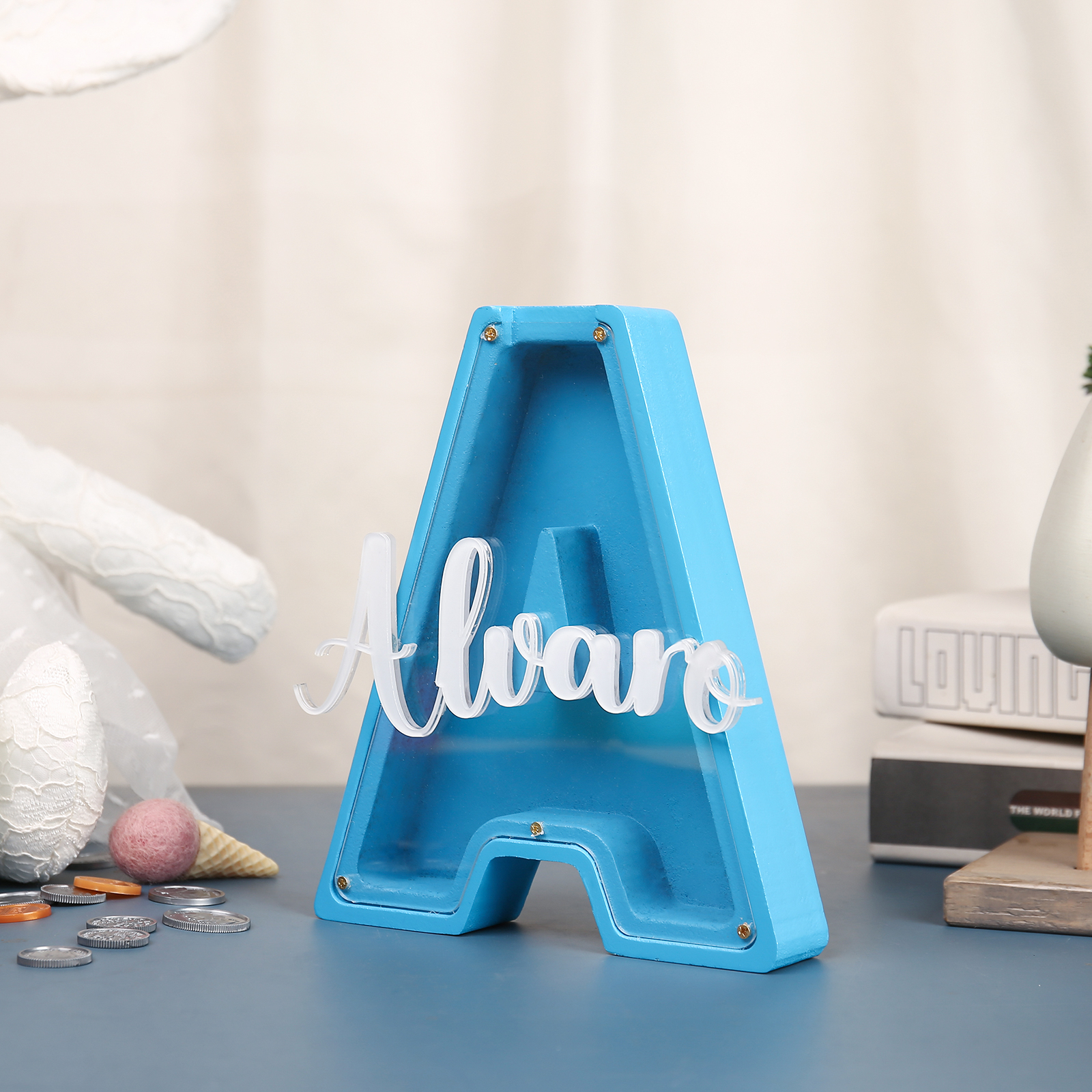 Alcancía de madera en forma de letras con 1 nombre personalizado hucha-Jessemade ES