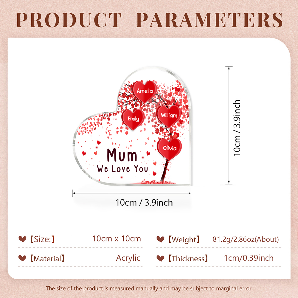 A mi mamá/abuela-Placa de acrílico "Corazones" en forma de corazón 4 nombres y 1 texto personalizados-Jessemade ES