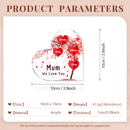 A mi mamá/abuela-Placa de acrílico "Corazones" en forma de corazón 4 nombres y 1 texto personalizados-Jessemade ES