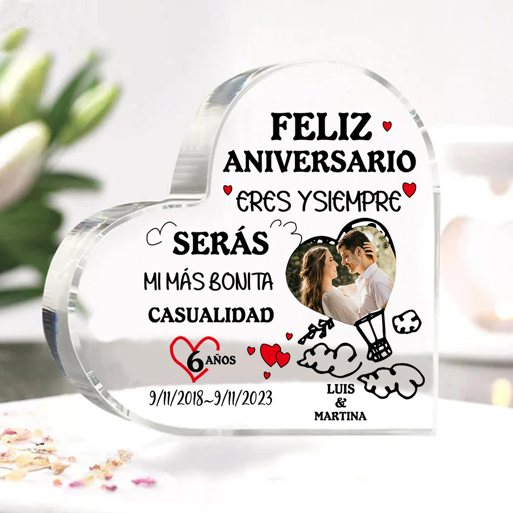 Valentín-Placa de acrílico en forma de corazón aniversario con foto, número, fecha y nombres personalizados-Jessemade ES
