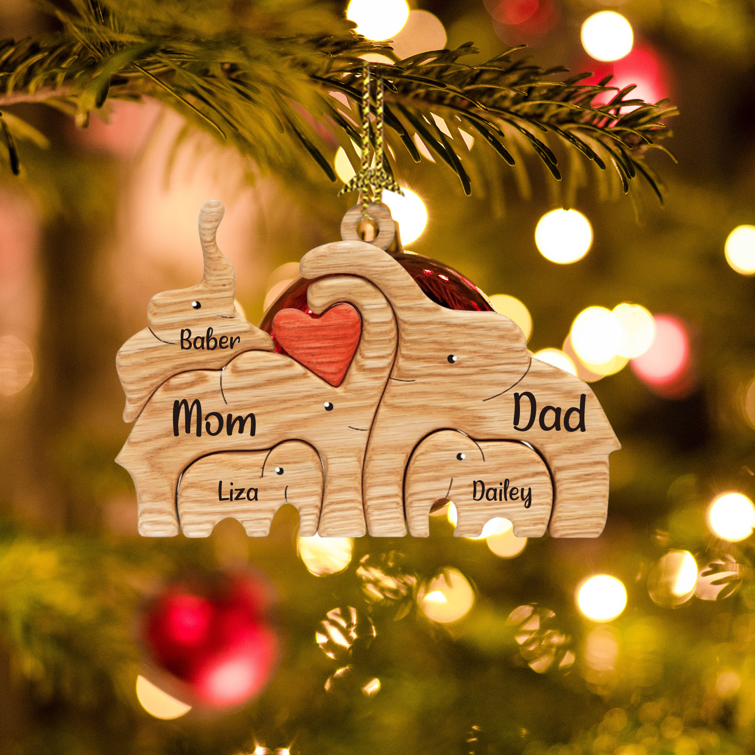 Navidad-Ornamento muñecos navideño de madera familia de elefantes 5 nombres personalizados adorno del árbol-Jessemade ES