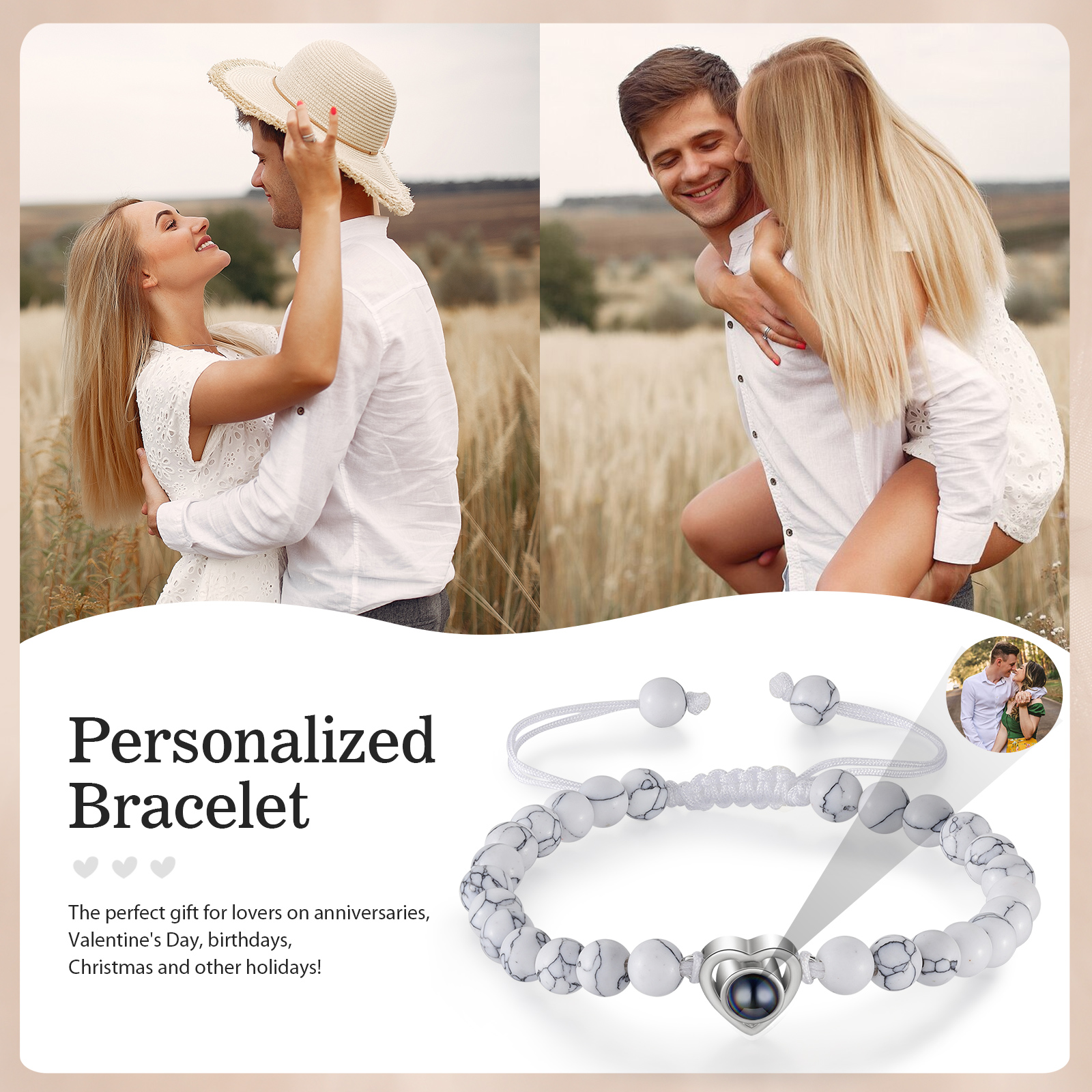 Pulsera con proyección de foto en color con dije de corazón y 8 colores de perlas de cristal-Jessemade ES