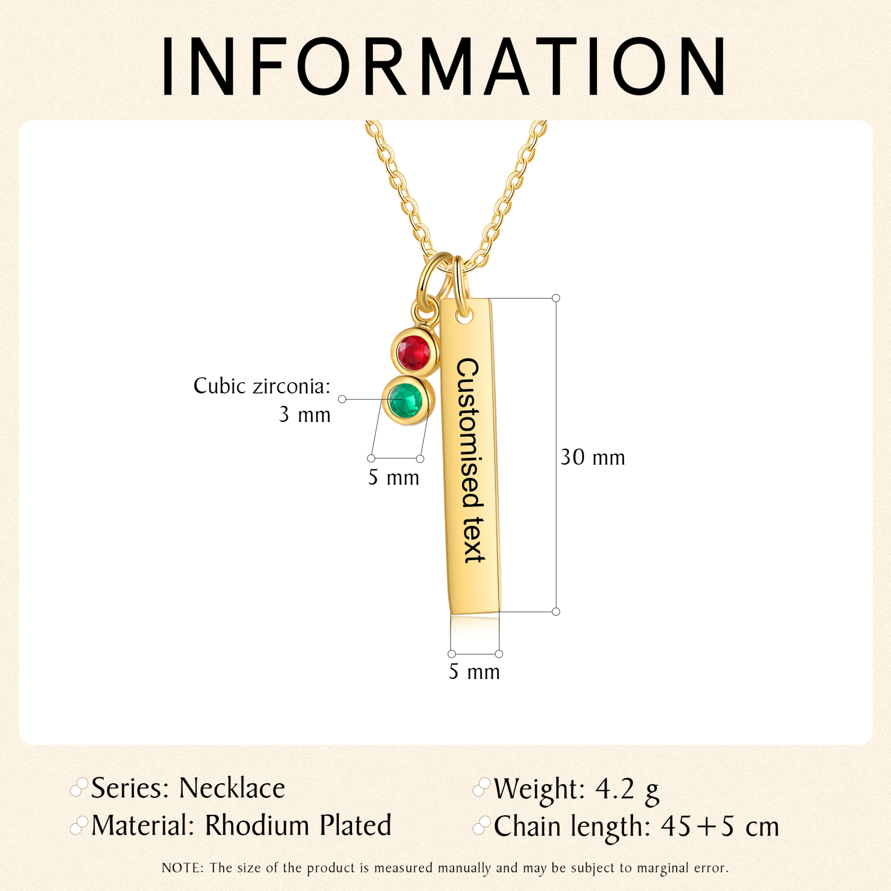 Collar con colgante de placa con 1-6 piedras de nacimiento personalizadas con texto-Jessemade ES