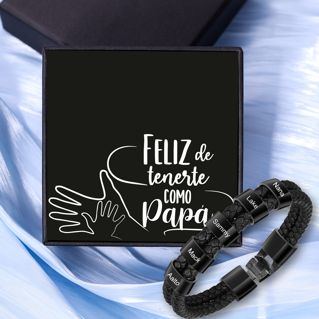 A mi papá-Pulsera de cuero trenzado Pulsera de hombre con 5 aros personalizados con 5 nombres-Jessemade ES