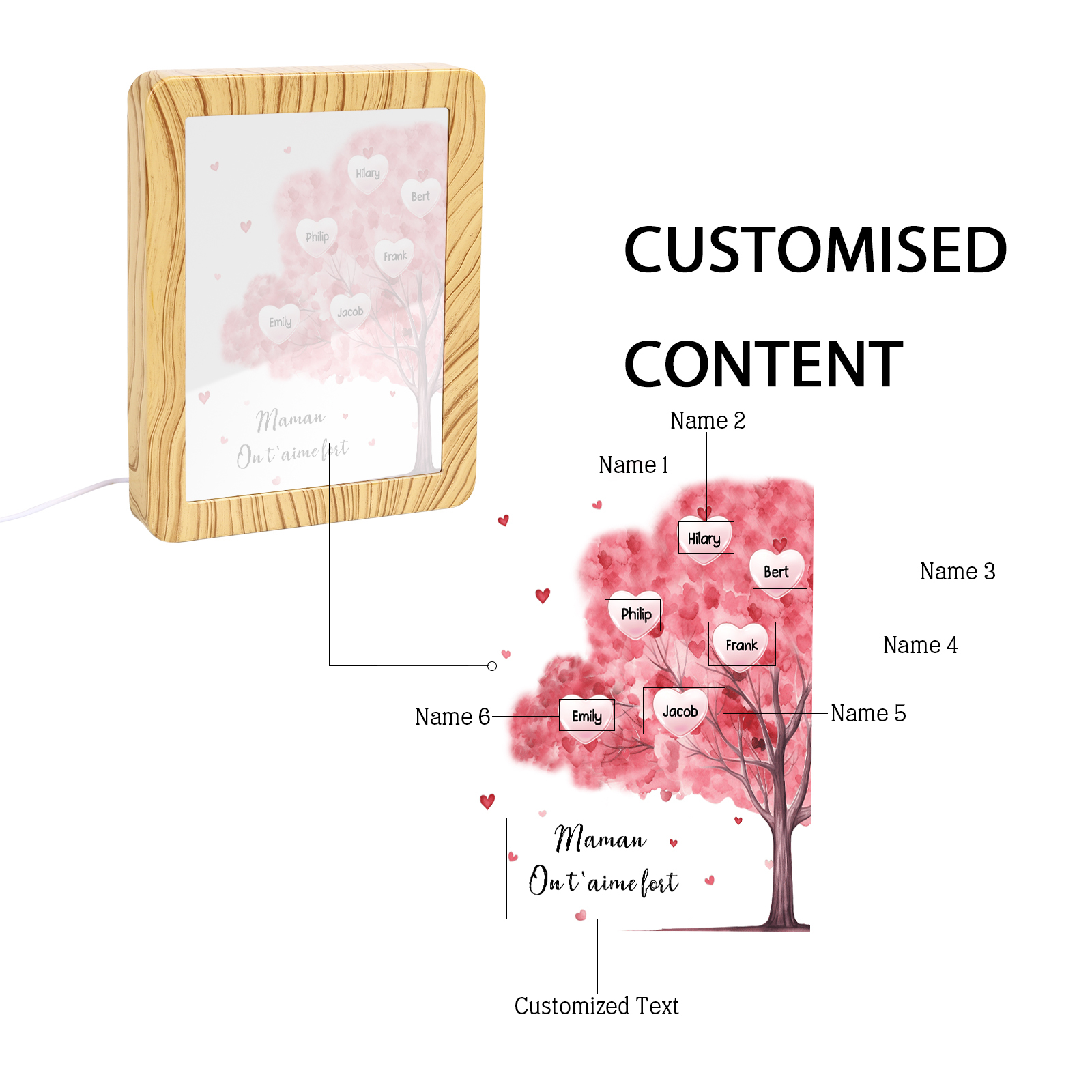 Marco/Espejo con LED Multifuncional Árbol de la Vida 1-10 Nombres Personalizados con 1 Texto-Jessemade ES