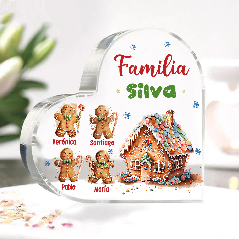 Navidad - Placa de acrílico en forma de corazón jengibres y su casa con 4 nombres y 1 texto personalizados-Jessemade ES