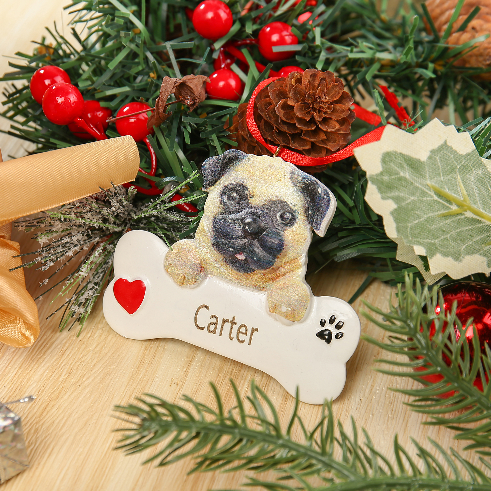 Navidad-Ornamento navideño de resina mascota perro Doguillo 1 nombre personalizado adorno del árbol