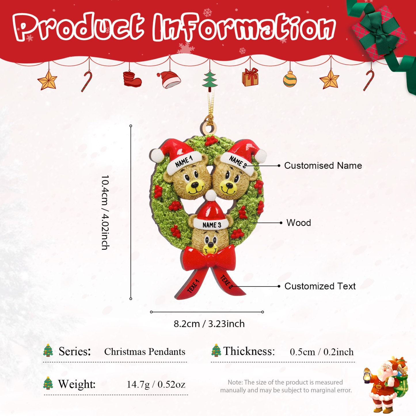 Navidad-Ornamentos Navideños de Madera Guirnalda y osos 3 Nombres con 2 Textos Personalizados