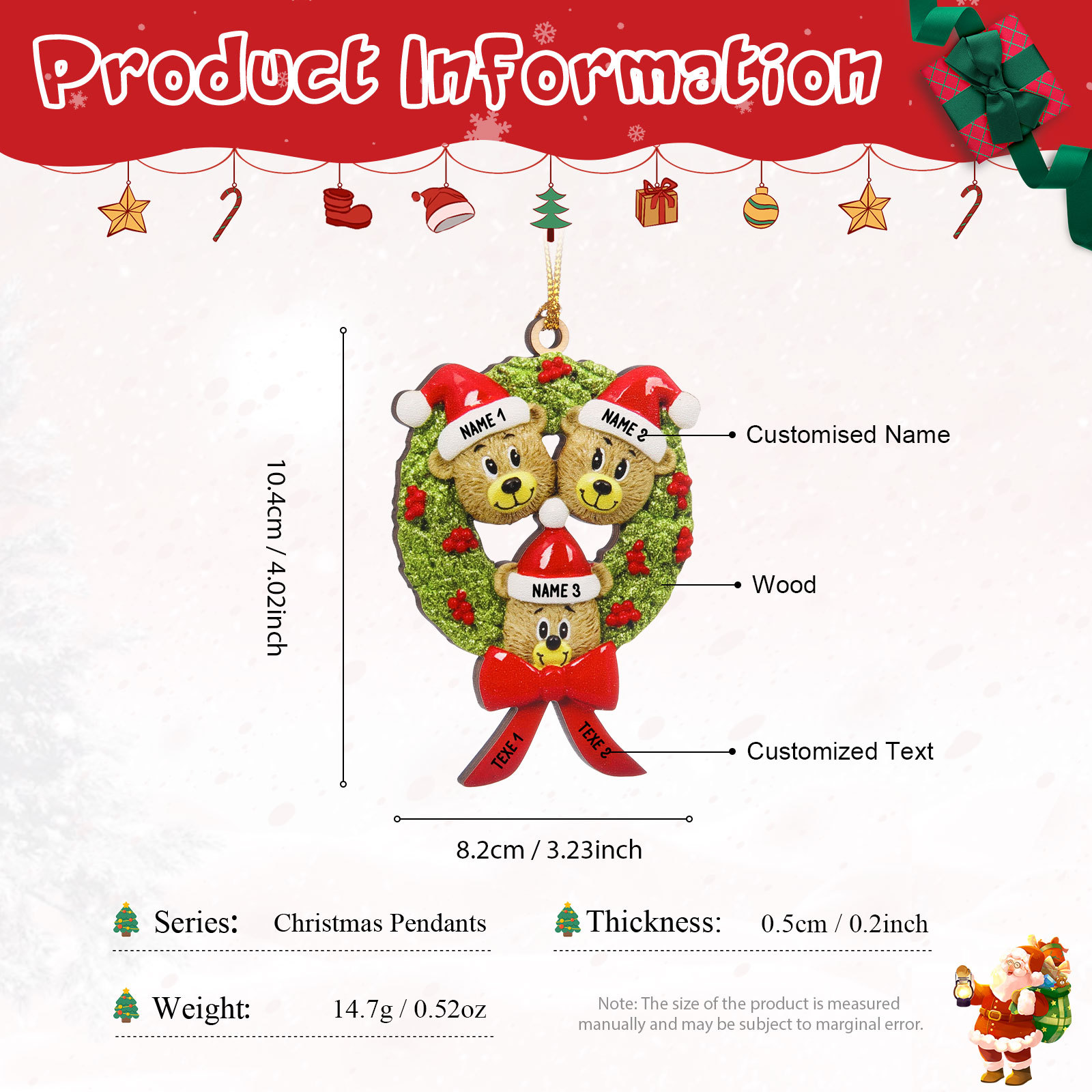 Navidad-Ornamentos Navideños de Madera Guirnalda y osos 3 Nombres con 2 Textos Personalizados