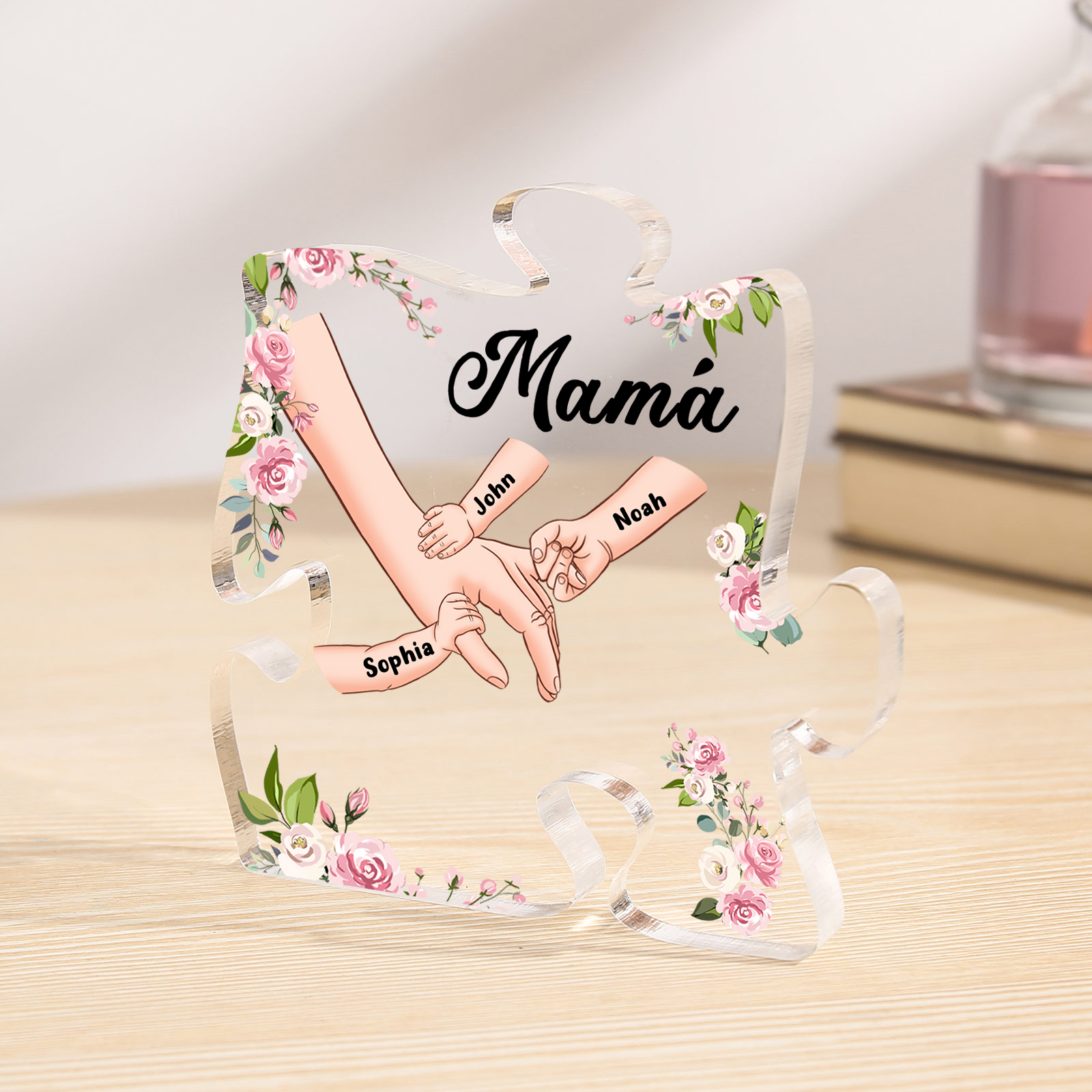 A mi mamá/abuela-Placa de acrílico en forma de corazón mano a mano con 1 texto y 3 nombres personalizados | Jessemade