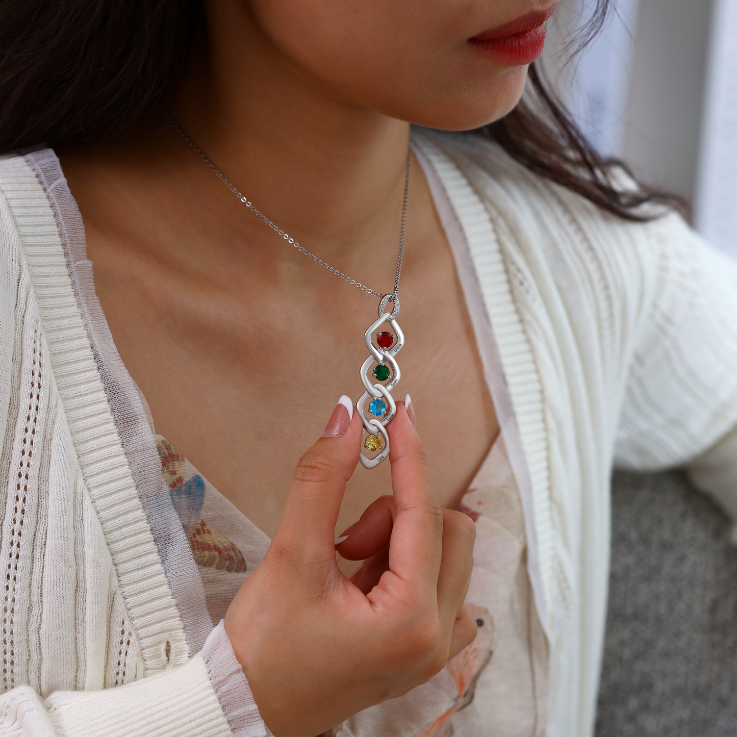 Collar de lazos con 2-5 nombres y piedras de nacimiento personalizados-Jessemade ES