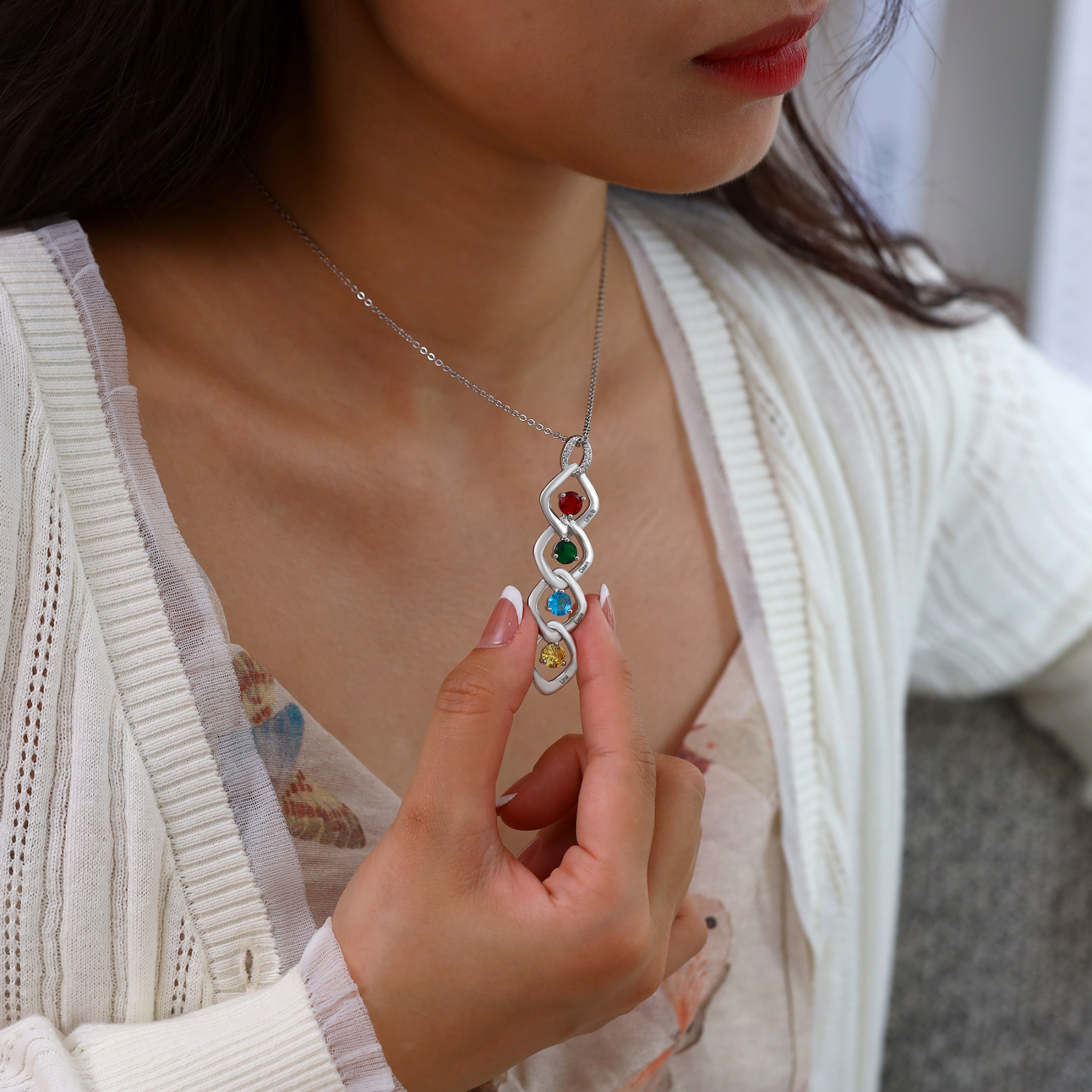 Collar de lazos con 2-5 nombres y piedras de nacimiento personalizados-Jessemade ES