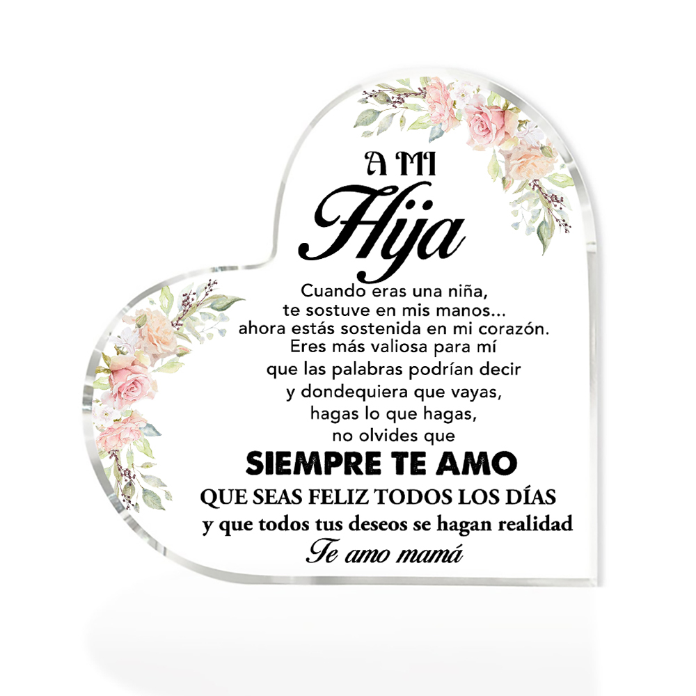A mi hija-Placa de acrílico en forma de corazón con 1 texto personalizado-Jessemade ES