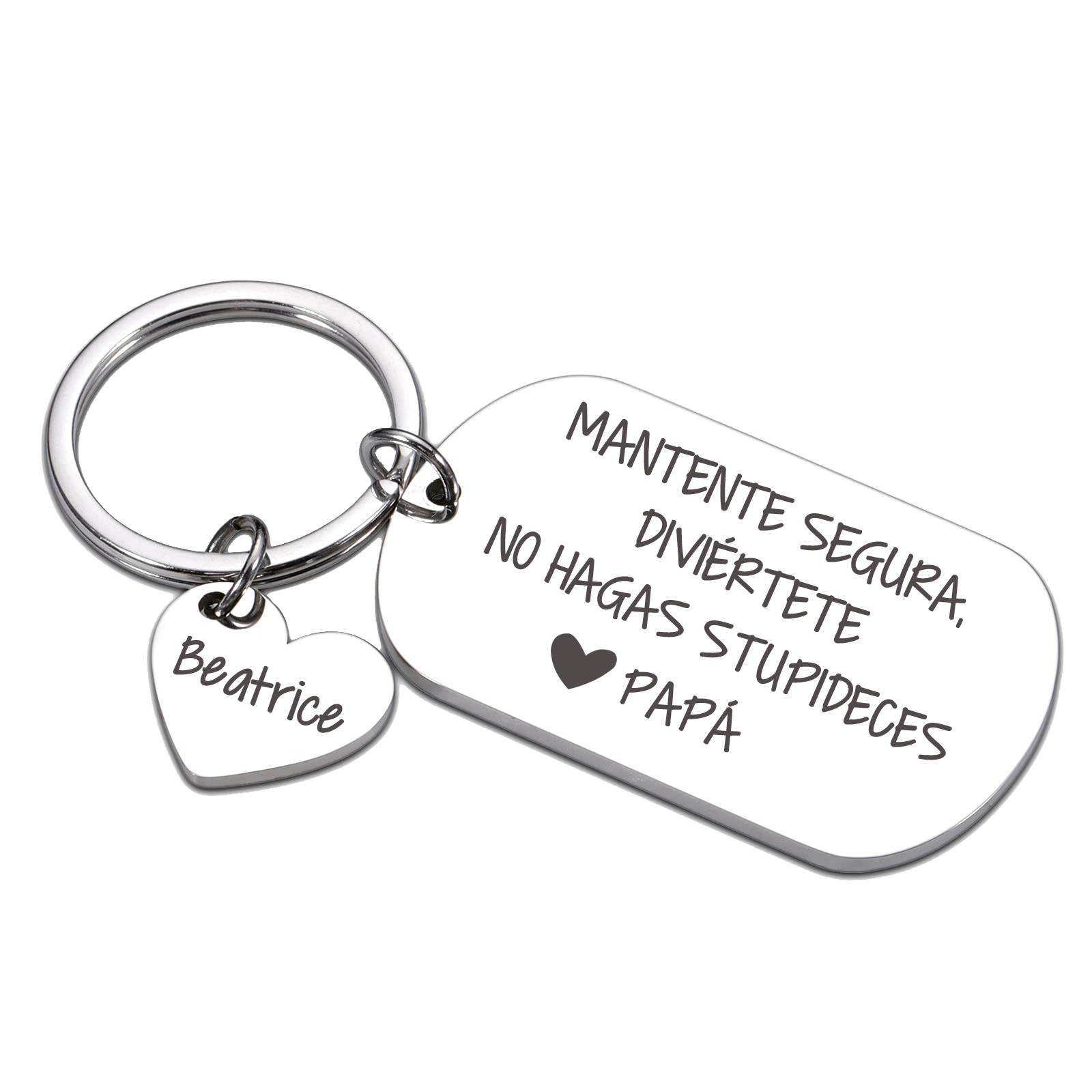 Llavero de placa "MANTENTE SEGURA, DIVIÉRTETE, NO HAGAS STUPIDECES" a hija de padres 1 nombre personalizado-Jessemade ES