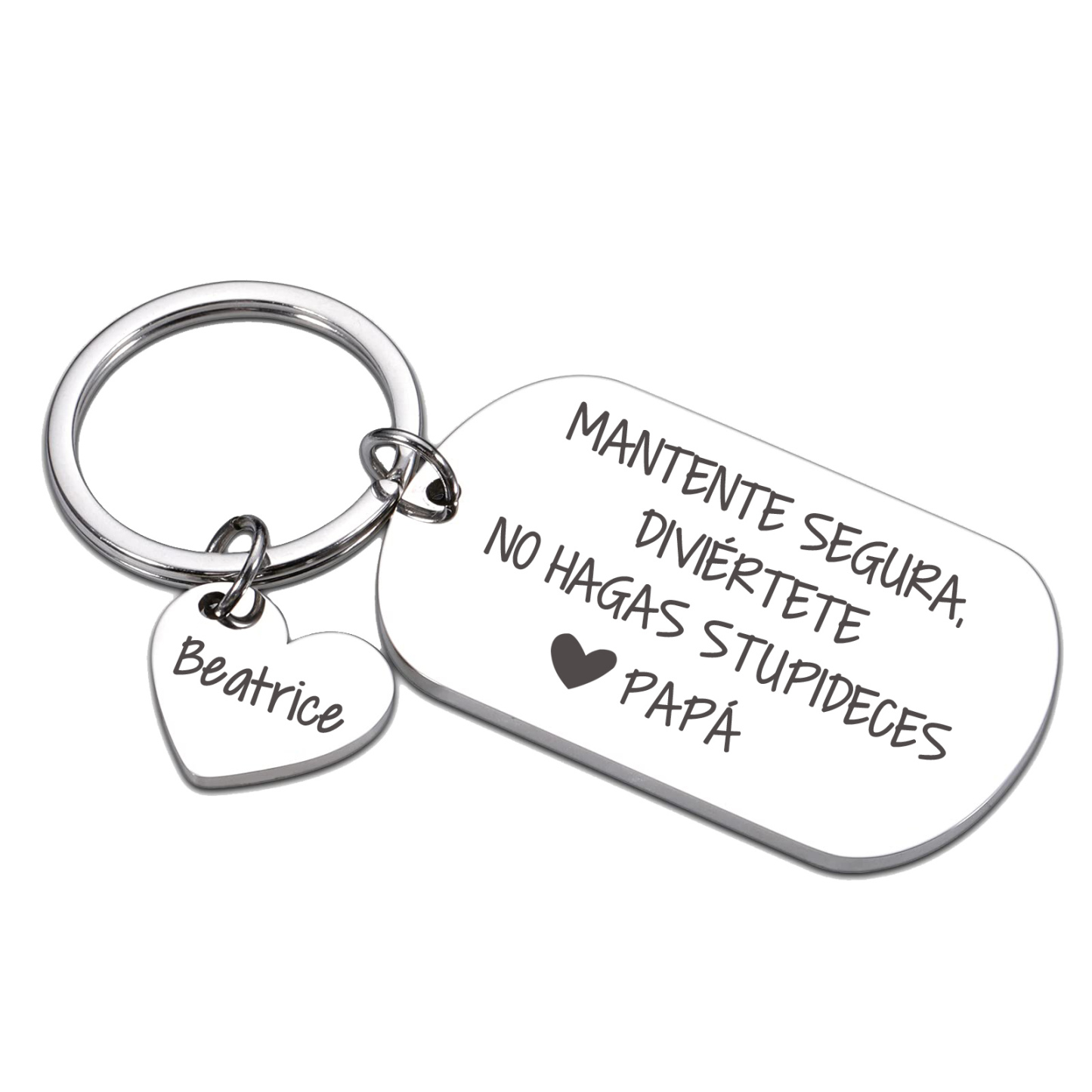 Llavero de placa "MANTENTE SEGURA, DIVIÉRTETE, NO HAGAS STUPIDECES" a hija de padres 1 nombre personalizado-Jessemade ES