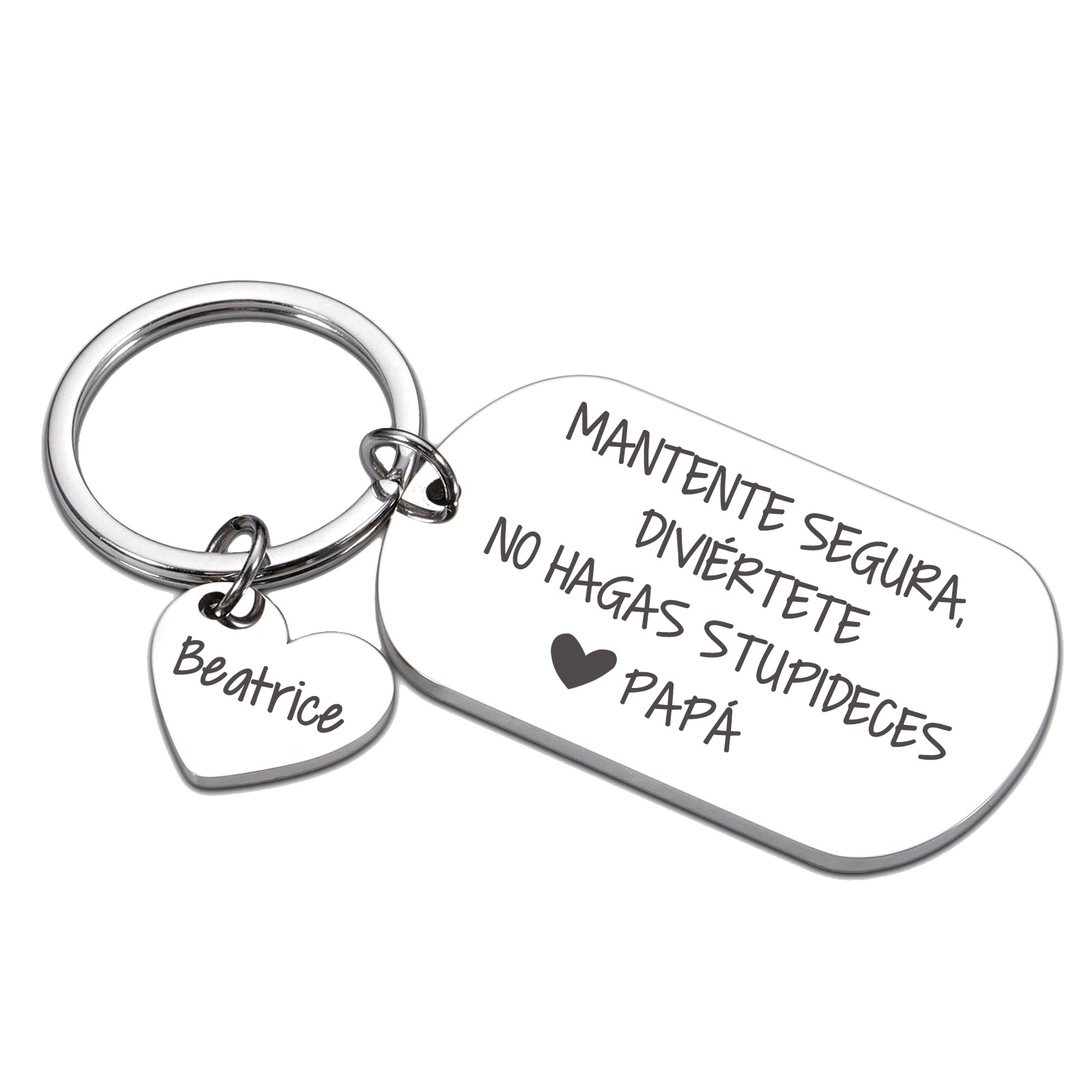 Llavero de placa "MANTENTE SEGURA, DIVIÉRTETE, NO HAGAS STUPIDECES" a hija de padres 1 nombre personalizado-Jessemade ES
