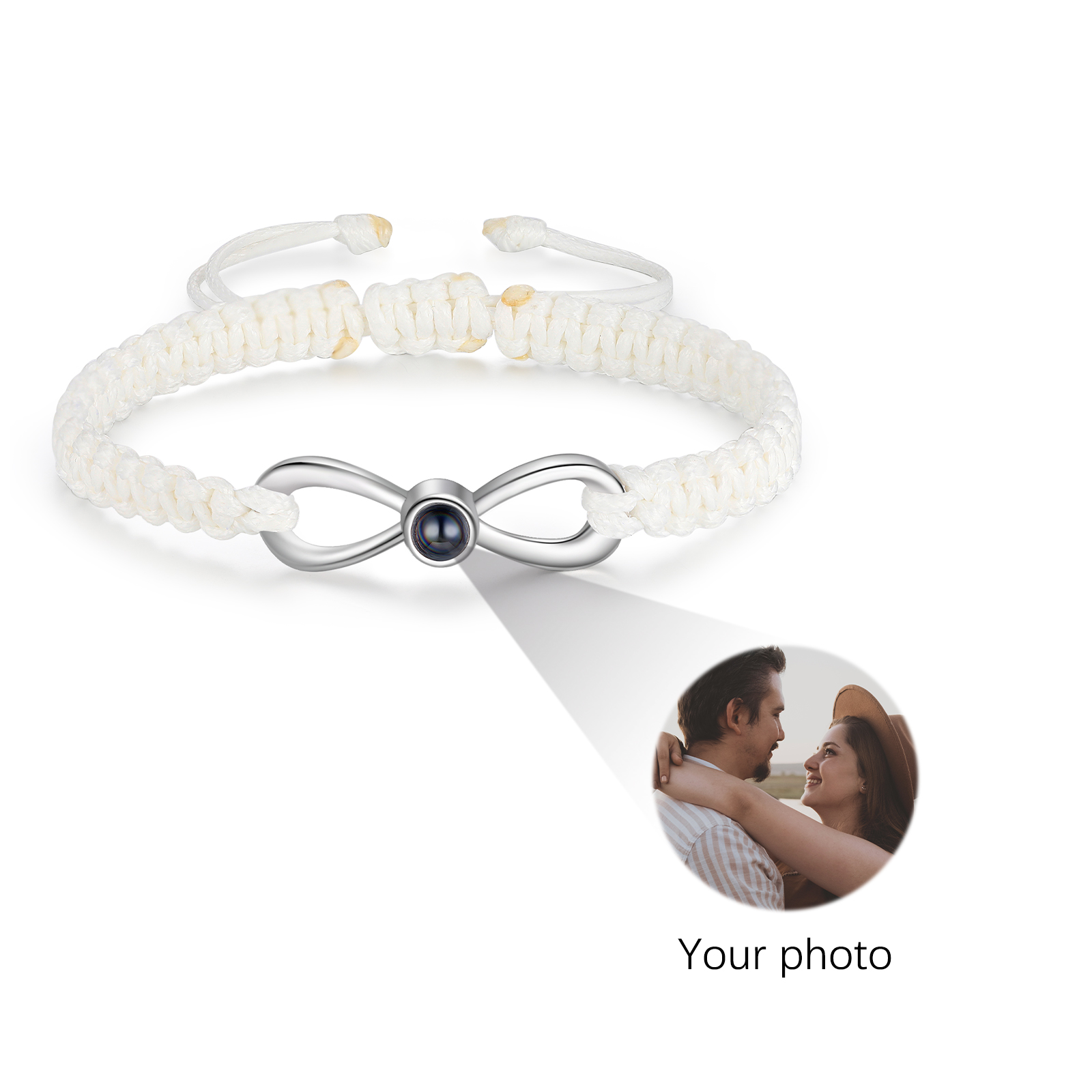 Pulsera con proyección de foto en color con dije de lazo y 3 colores de cuerda ajustable-Jessemade ES