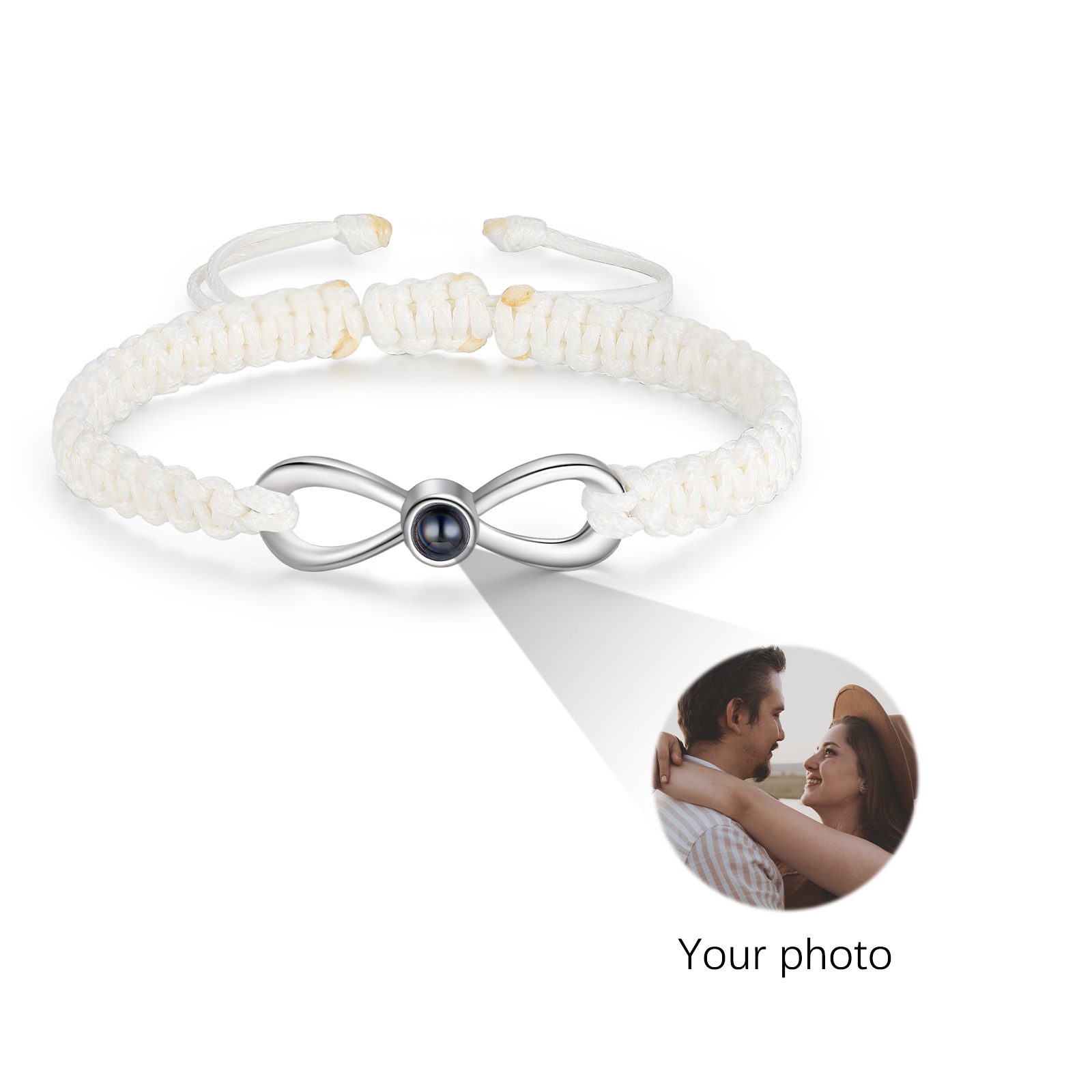 Pulsera con proyección de foto en color con dije de lazo y 3 colores de cuerda ajustable-Jessemade ES