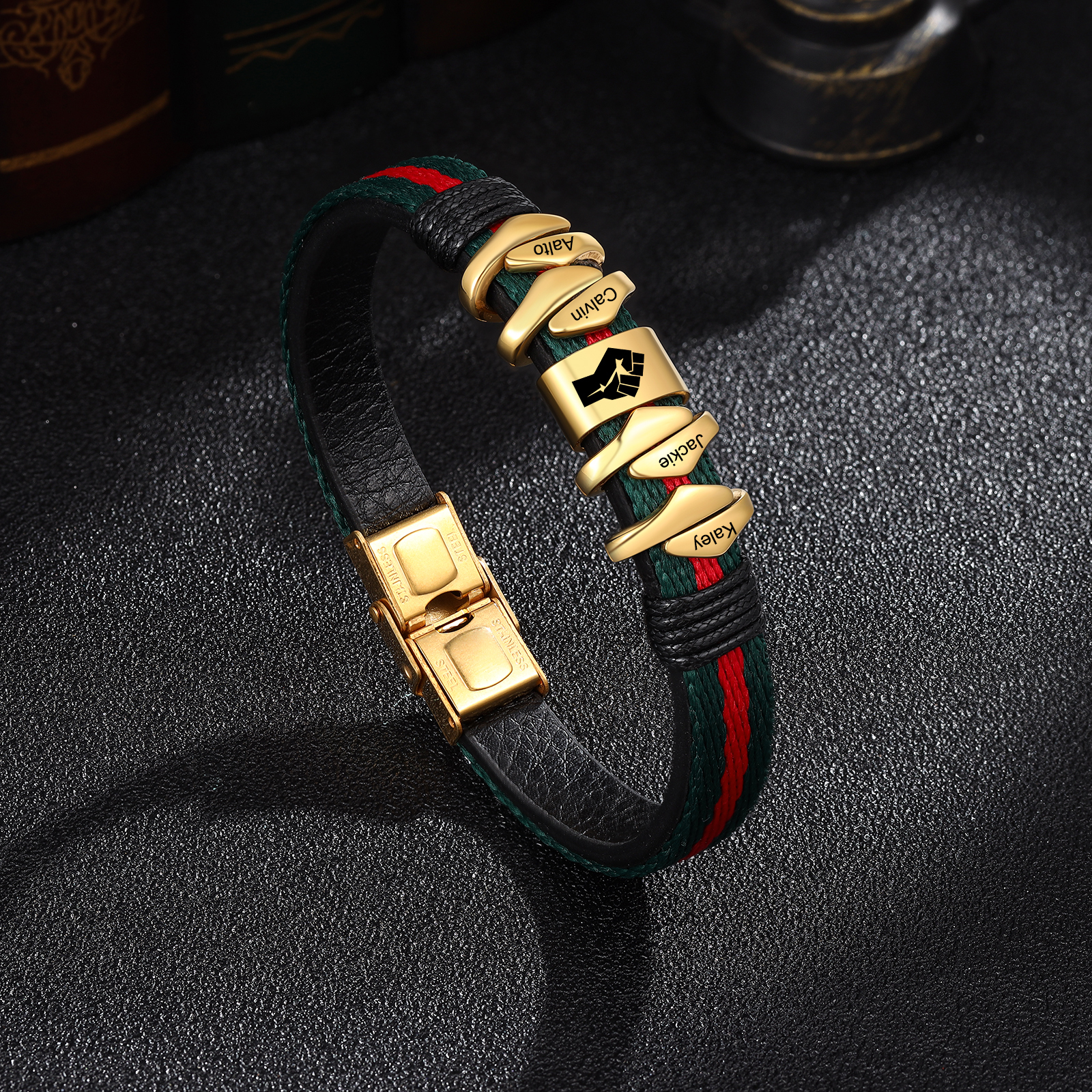 Pulsera 4 Nombres Personalizados de Cuero y Cuerda con Aros-Jessemade ES