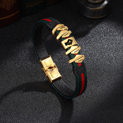 Pulsera 4 Nombres Personalizados de Cuero y Cuerda con Aros-Jessemade ES