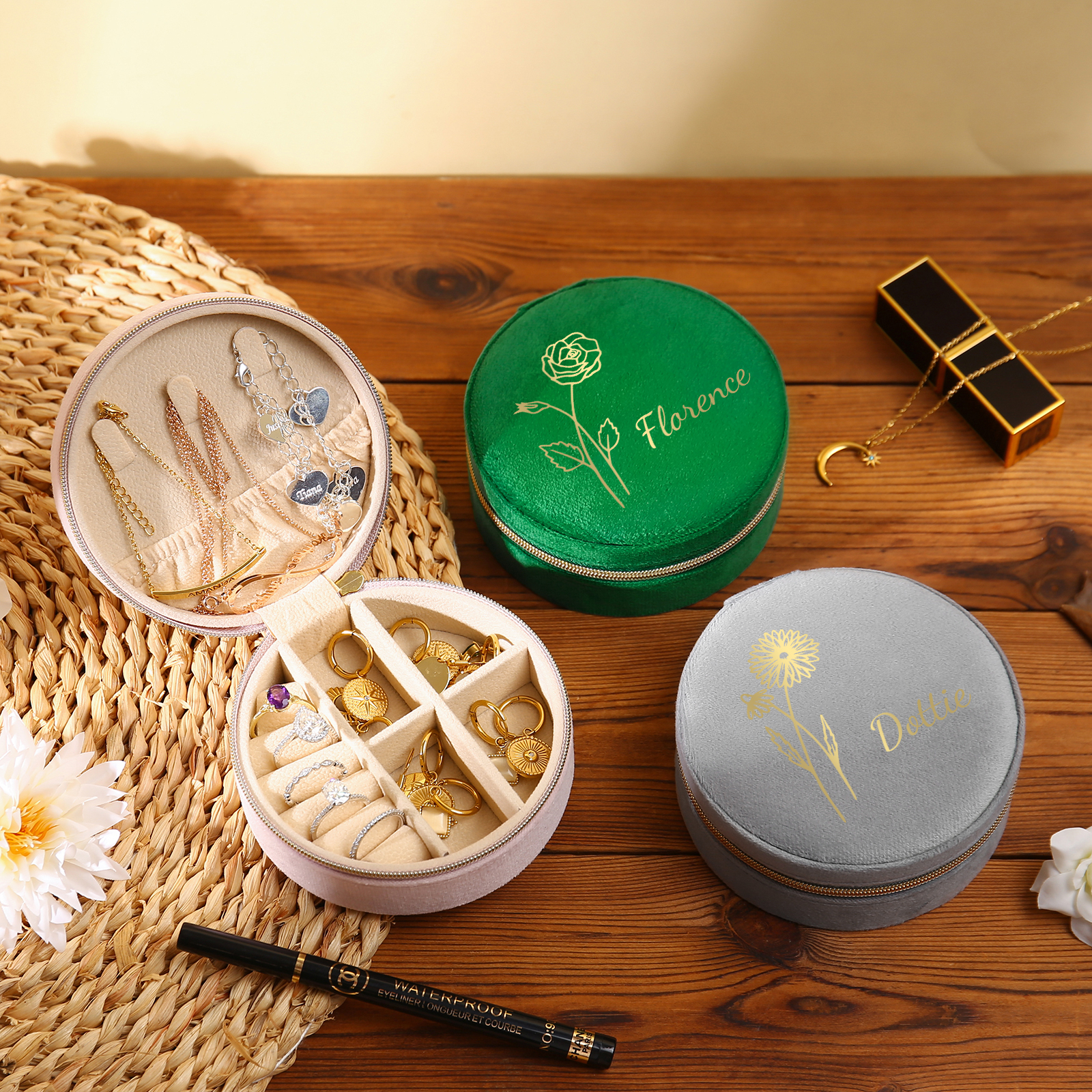 Caja de regalo para joya personalizada con nombre y flor de nacimiento-Jessemade ES