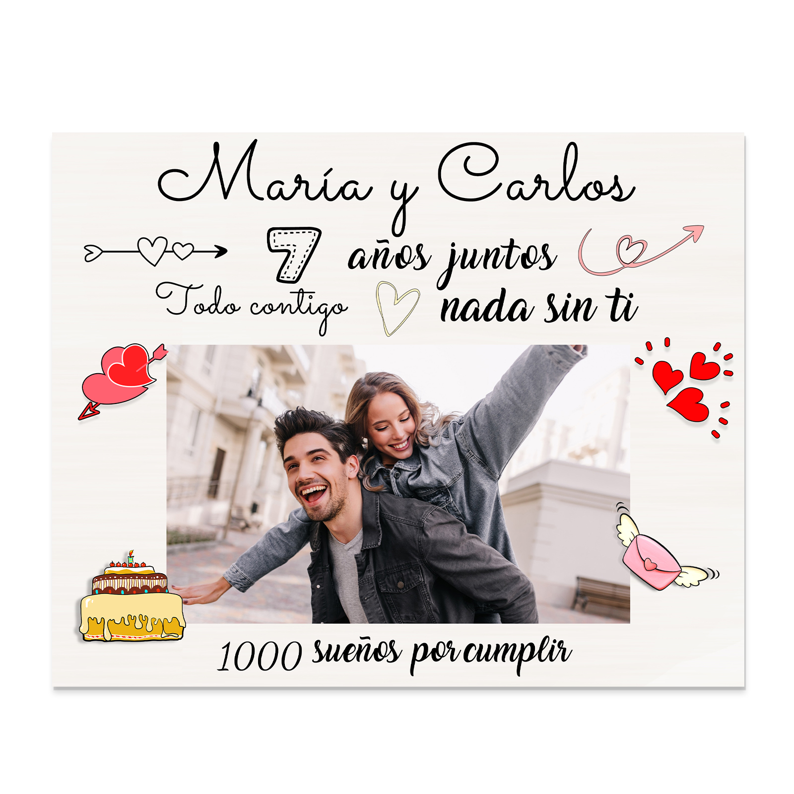 Lámina marco de madera para pareja 1 texto y 1 número personalizados con 1 foto-Jessemade ES