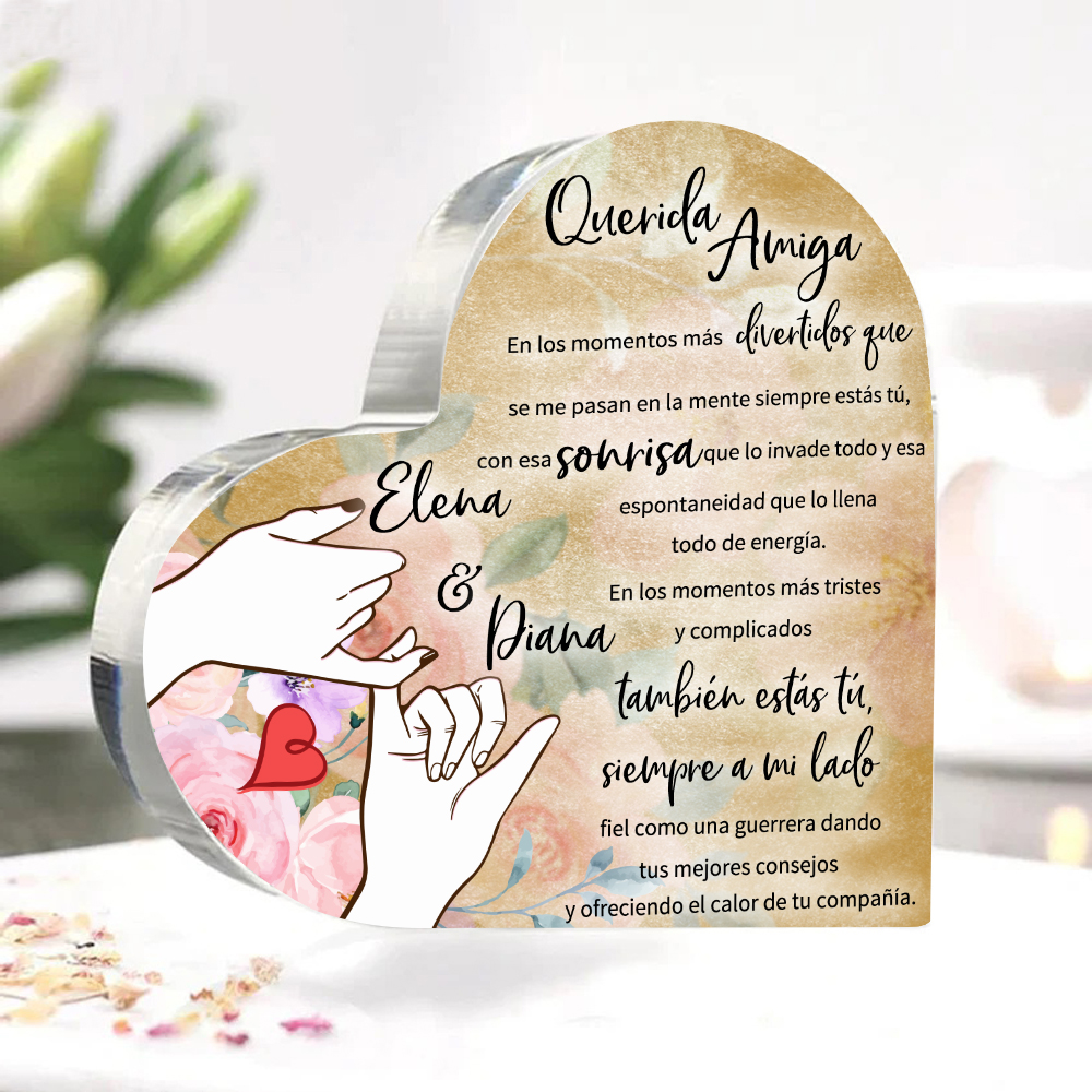 Placa de acrílico en forma de corazón para amiga con 2 nombres personalizados-Jessemade ES