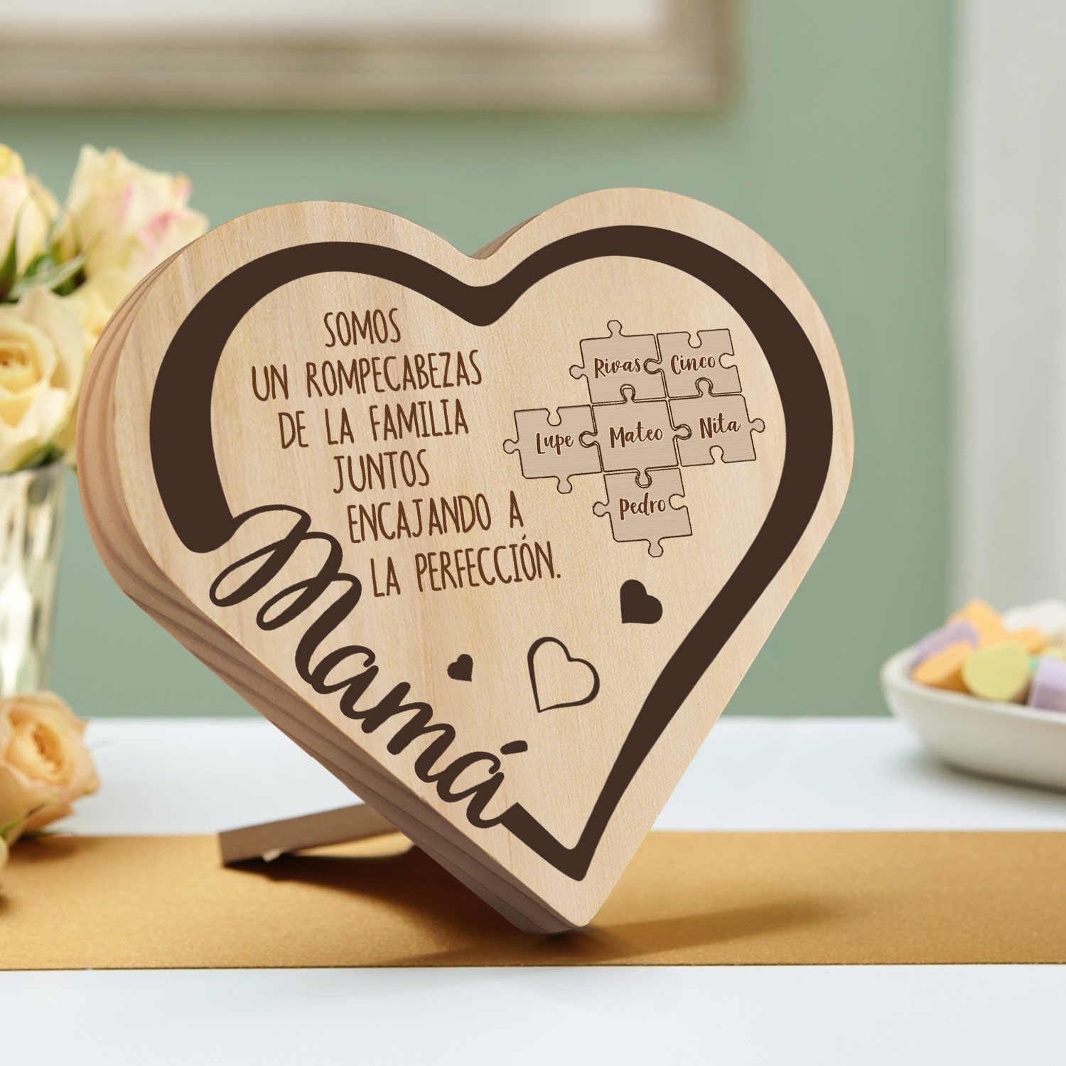 Adorno personalizado con 2-6 nombres decoración de madera en forma de corazón para mi mamá-Jessemade ES