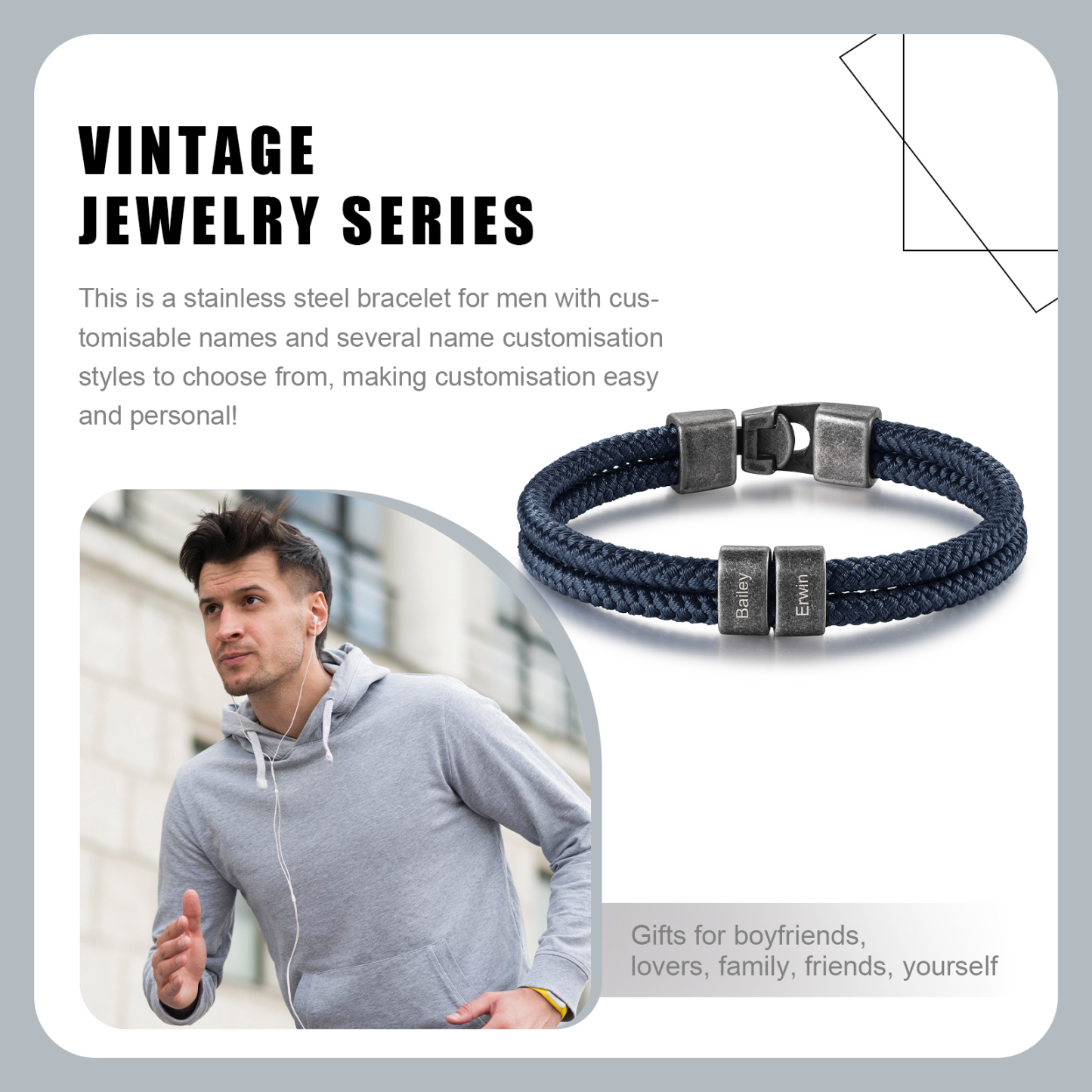 2-4 Nombres Personalizados Pulsera de Cuerda Turquí Aros de Acero Inoxidable-Jessemade ES