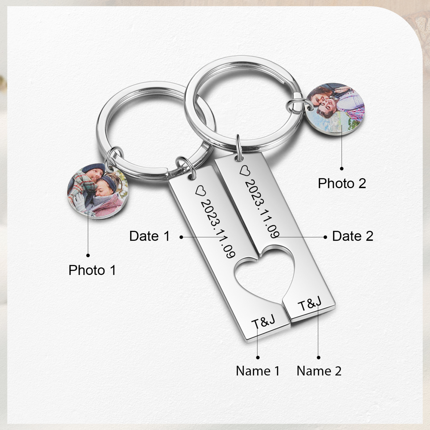 Llavero para pareja corazón encajado 2 letras personalizadas con fecha dije de foto-Jessemade ES
