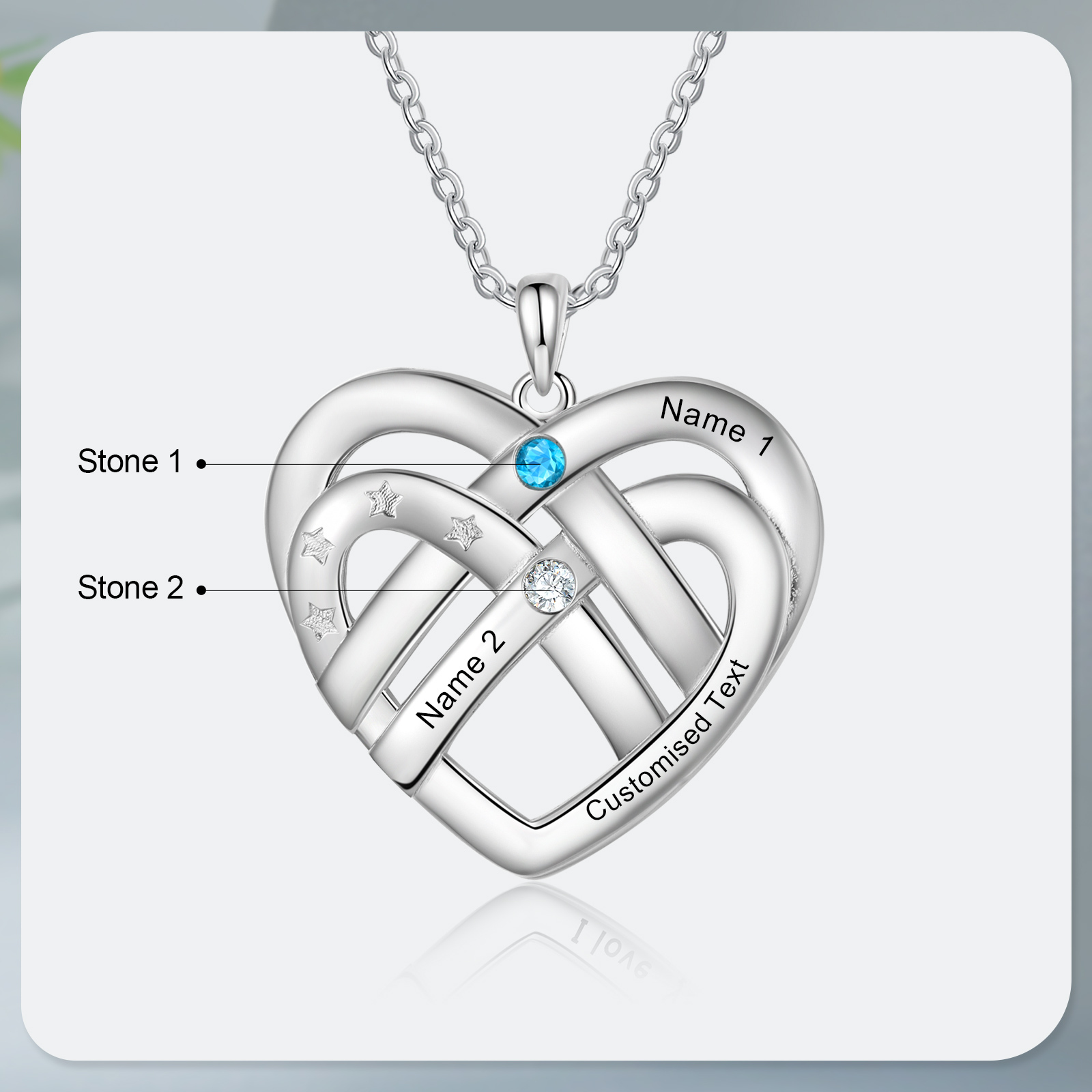 Collar de corazón con 2 nombres y piedras de nacimiento personalizados con texto-Jessemade ES