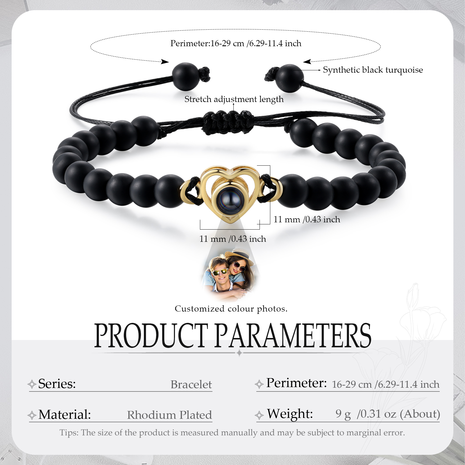 Pulsera de turquesa negra sintética con proyección de foto en color con dije de corazón pulsera ajustable-Jessemade ES