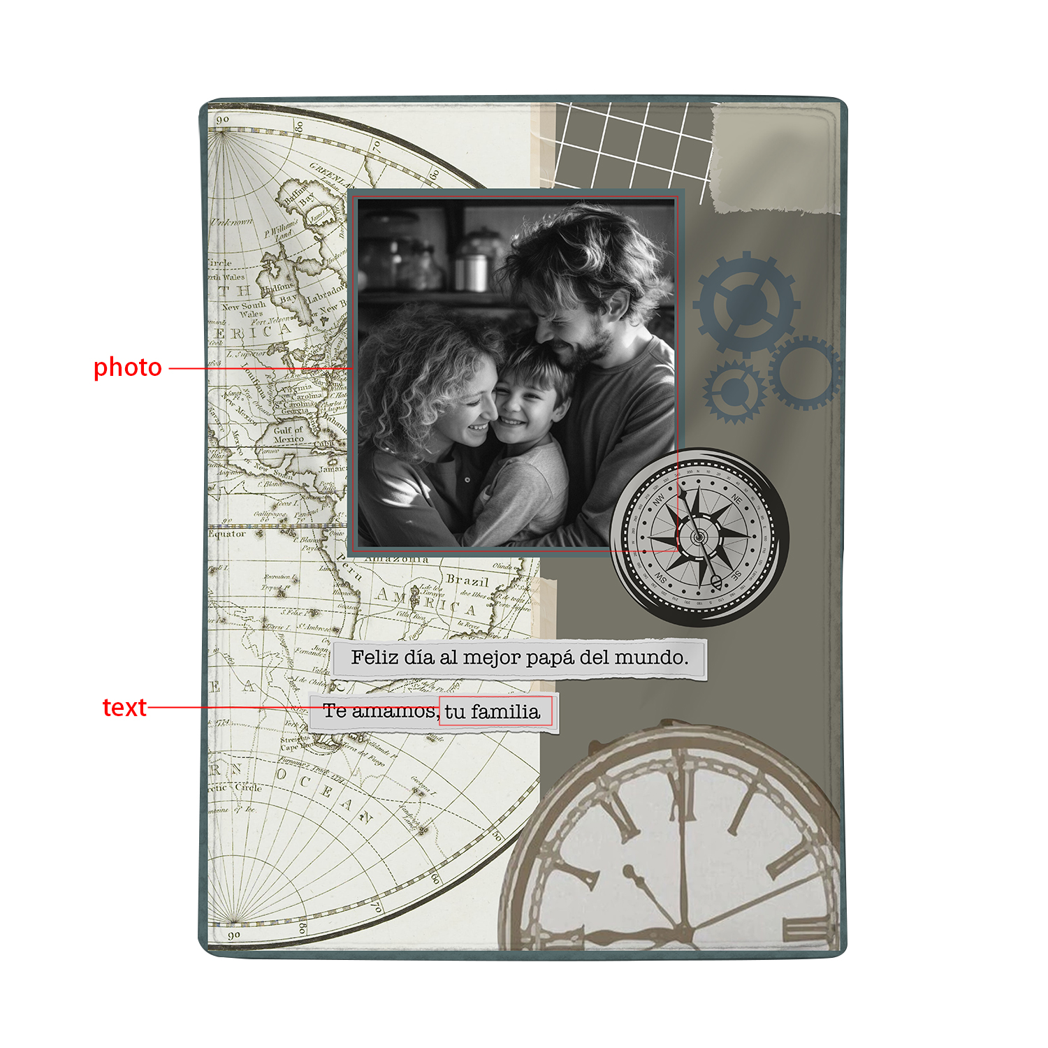 A mi padre-Manta de buen calidad de reloj personalizada con 1 foto y 1 texto-Jessemade ES