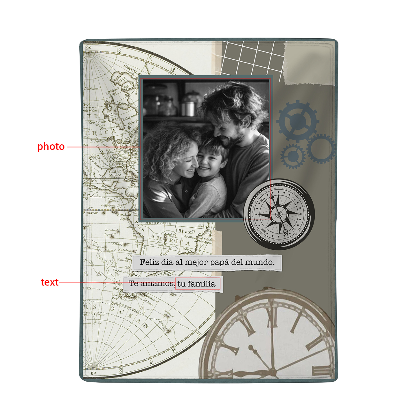 A mi padre-Manta de buen calidad de reloj personalizada con 1 foto y 1 texto-Jessemade ES