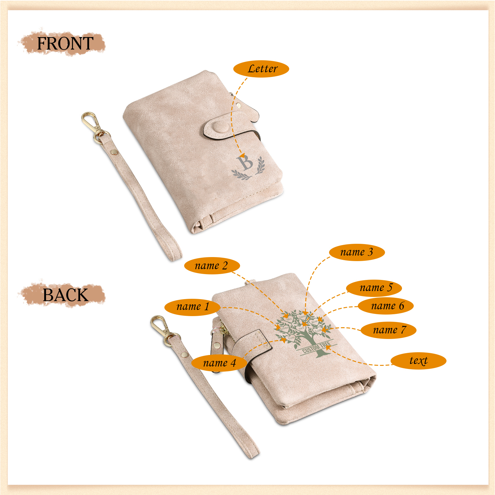 Cartera, billetera con 3-8 nombres, 1 letra y 1 texto personalizados árbol de la vida monedero clásico para mujer-Jessemade ES