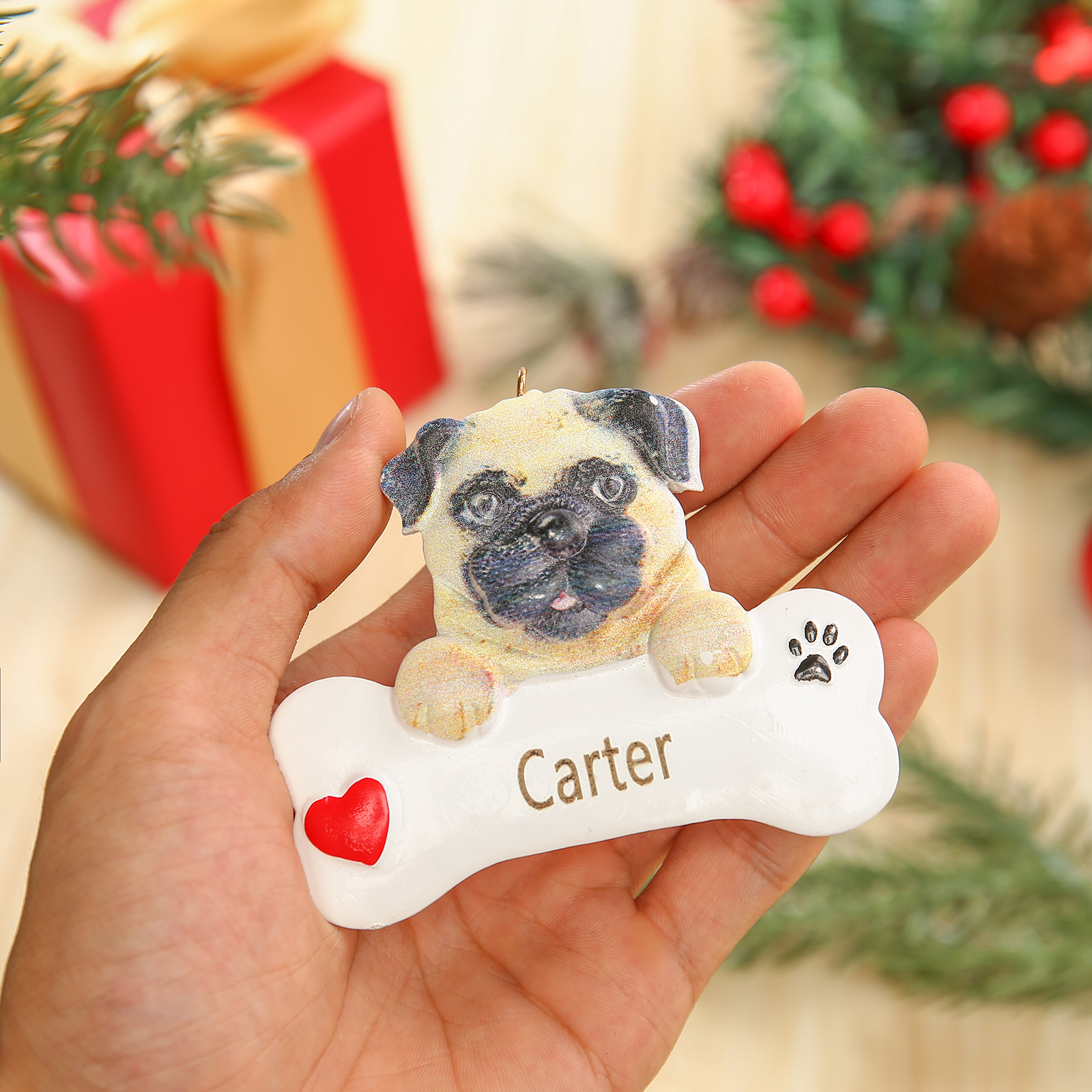 Navidad-Ornamento navideño de resina mascota perro Doguillo 1 nombre personalizado adorno del árbol