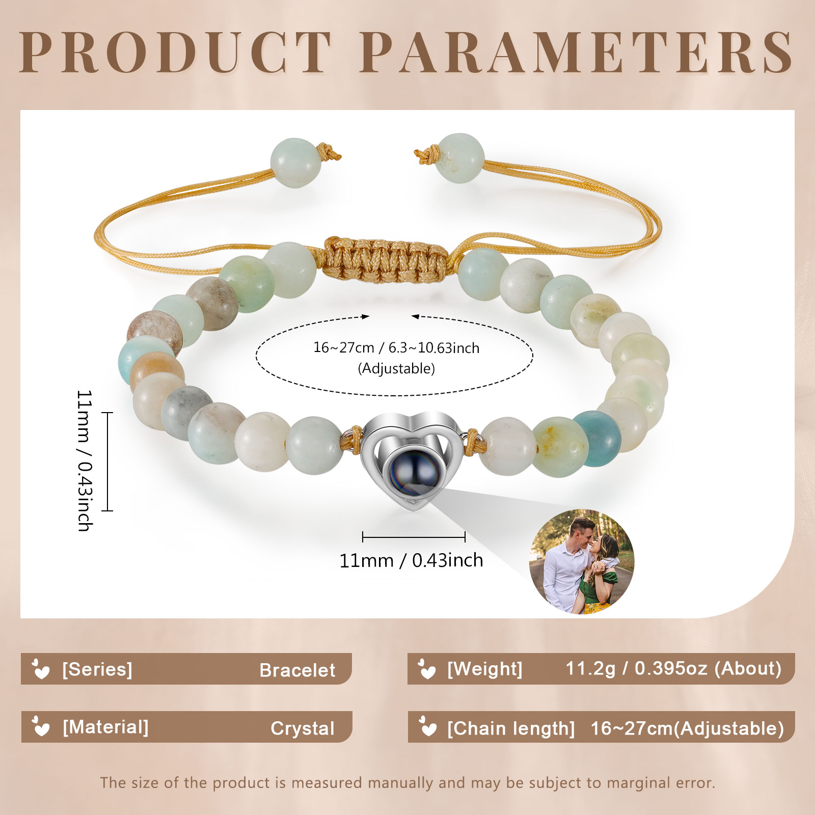 Pulsera con proyección de foto en color con dije de corazón y 8 colores de perlas de cristal-Jessemade ES