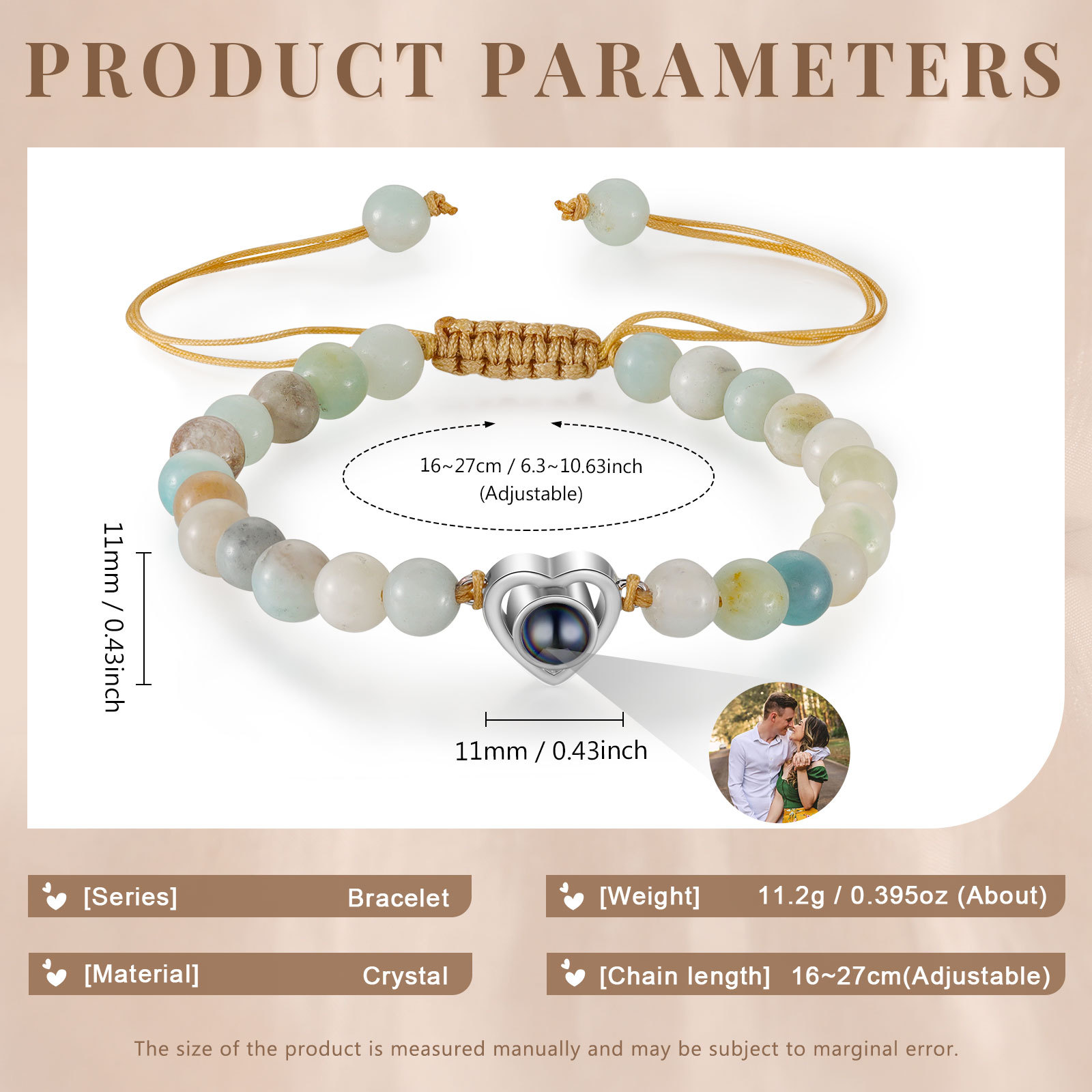 Pulsera con proyección de foto en color con dije de corazón y 8 colores de perlas de cristal-Jessemade ES