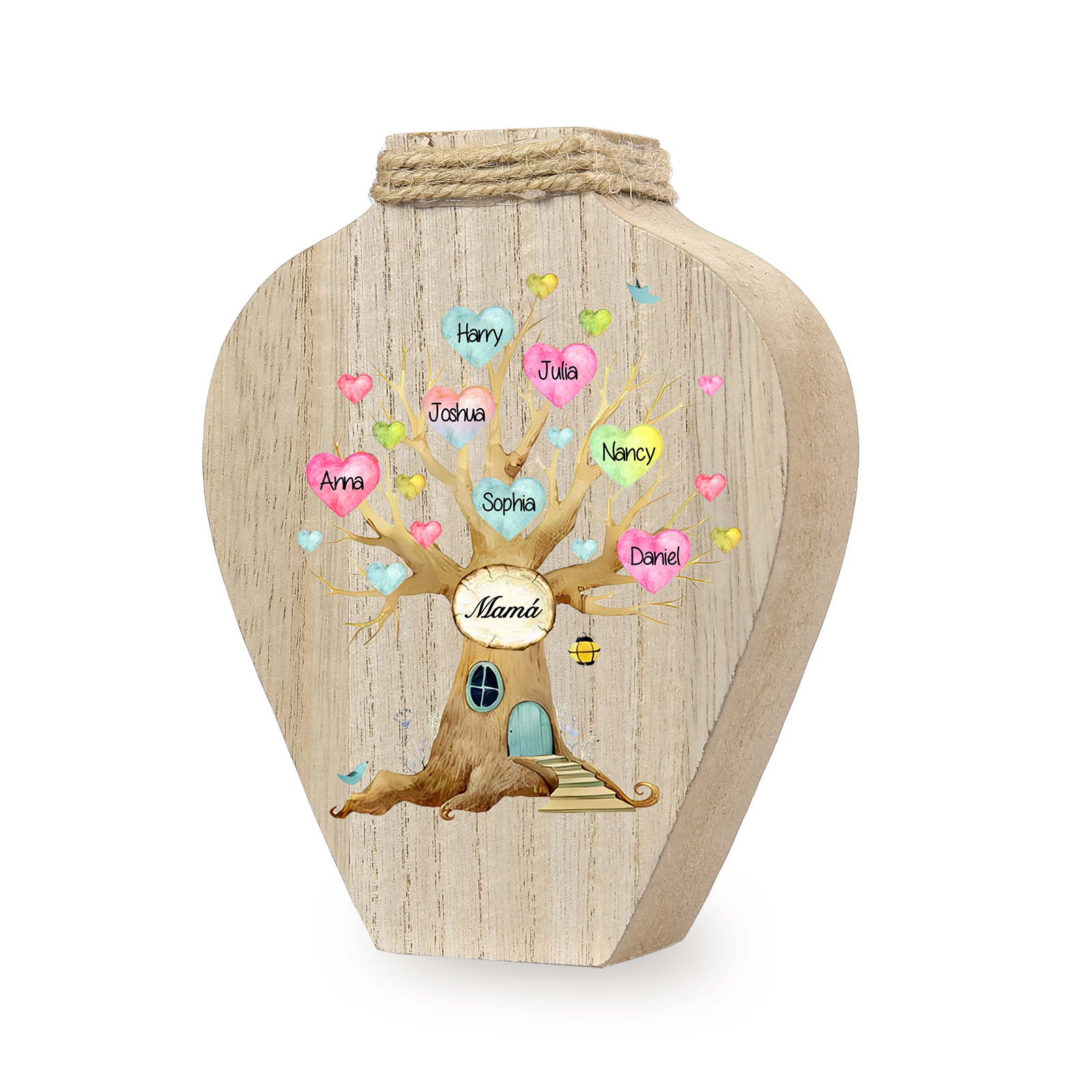 Florero de madera árbol de corazones 7 nombres personalizados con texto decoración del hogar-Jessemade ES