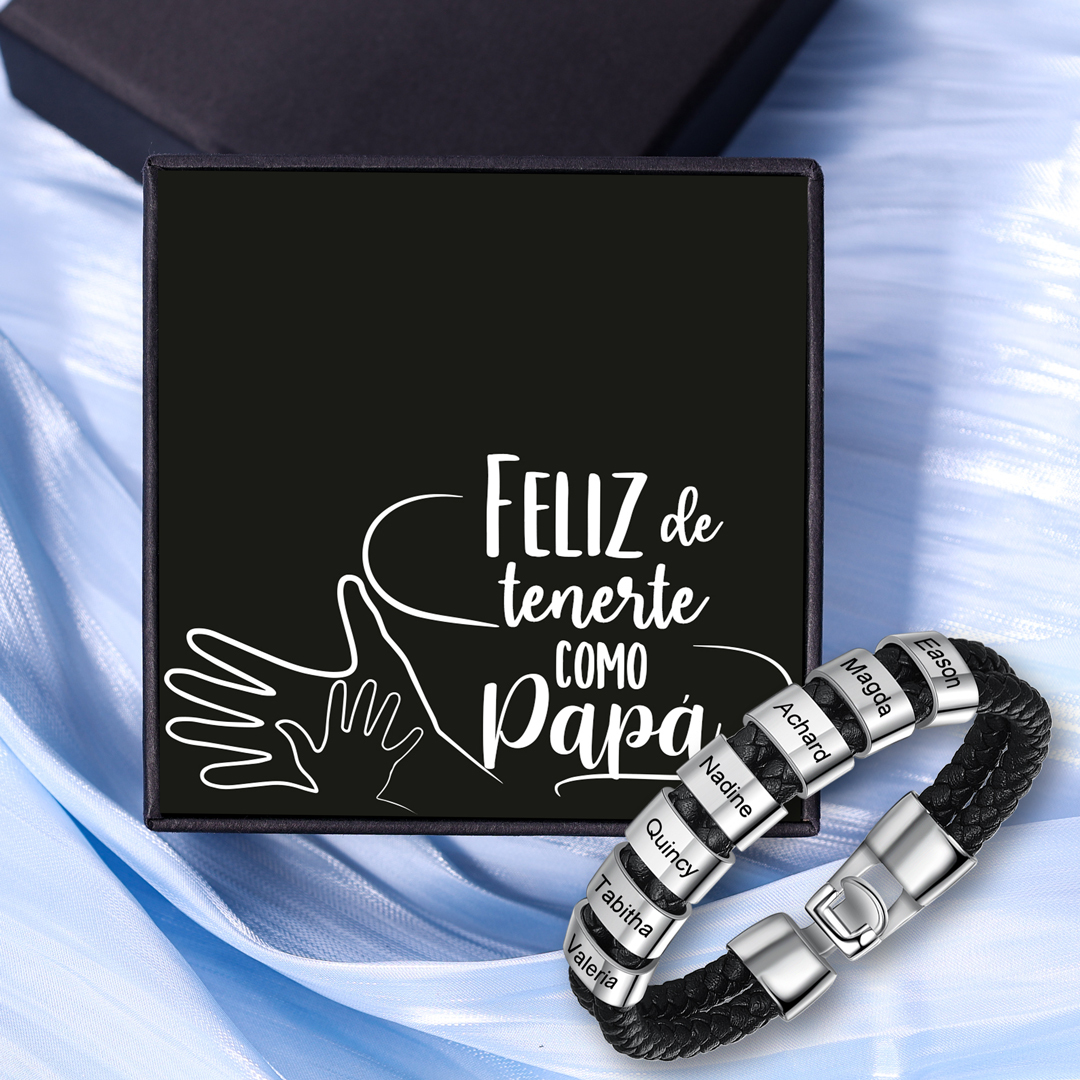 A mi papá-Pulsera de cuero trenzado Pulsera de hombre con 7 aros personalizados con 7 nombres-Jessemade ES