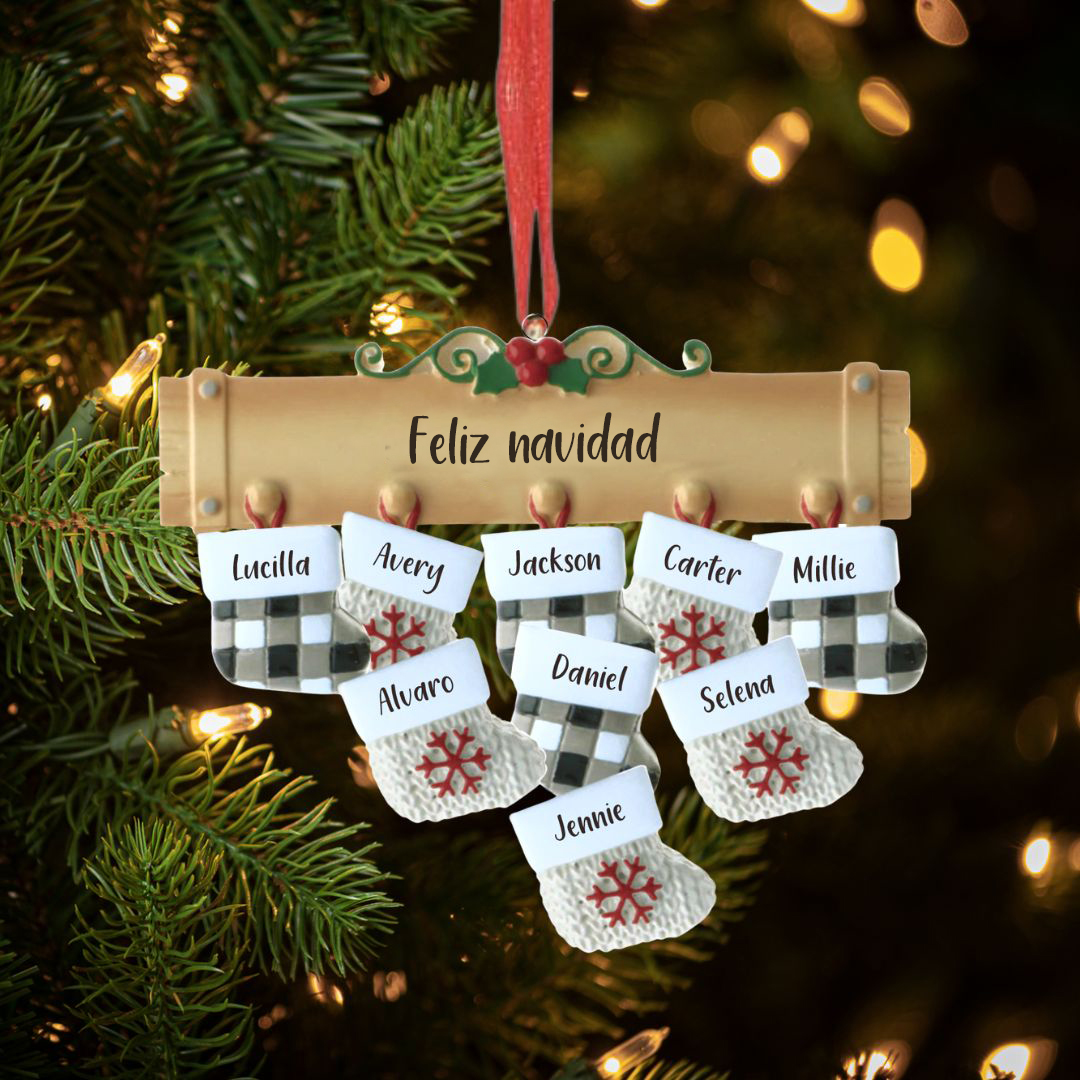 Navidad-Ornamento muñecos navideño de madera calcetines 9 nombres y 1 texto personalizados adorno del árbol-Jessemade ES